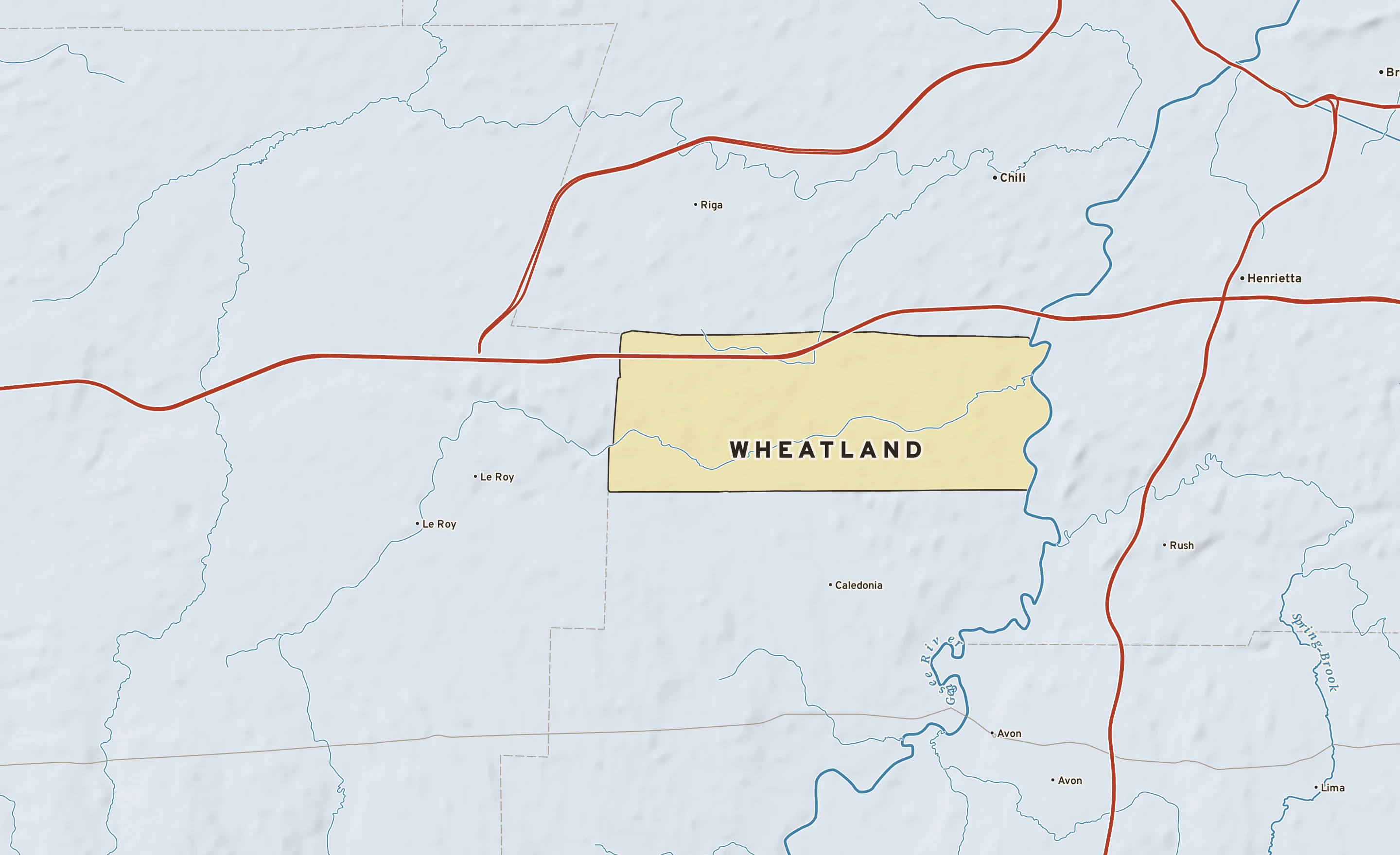 Shaded-relief atlas plate of Wheatland, New York: rivers, roads, the city limits and where the water drains.