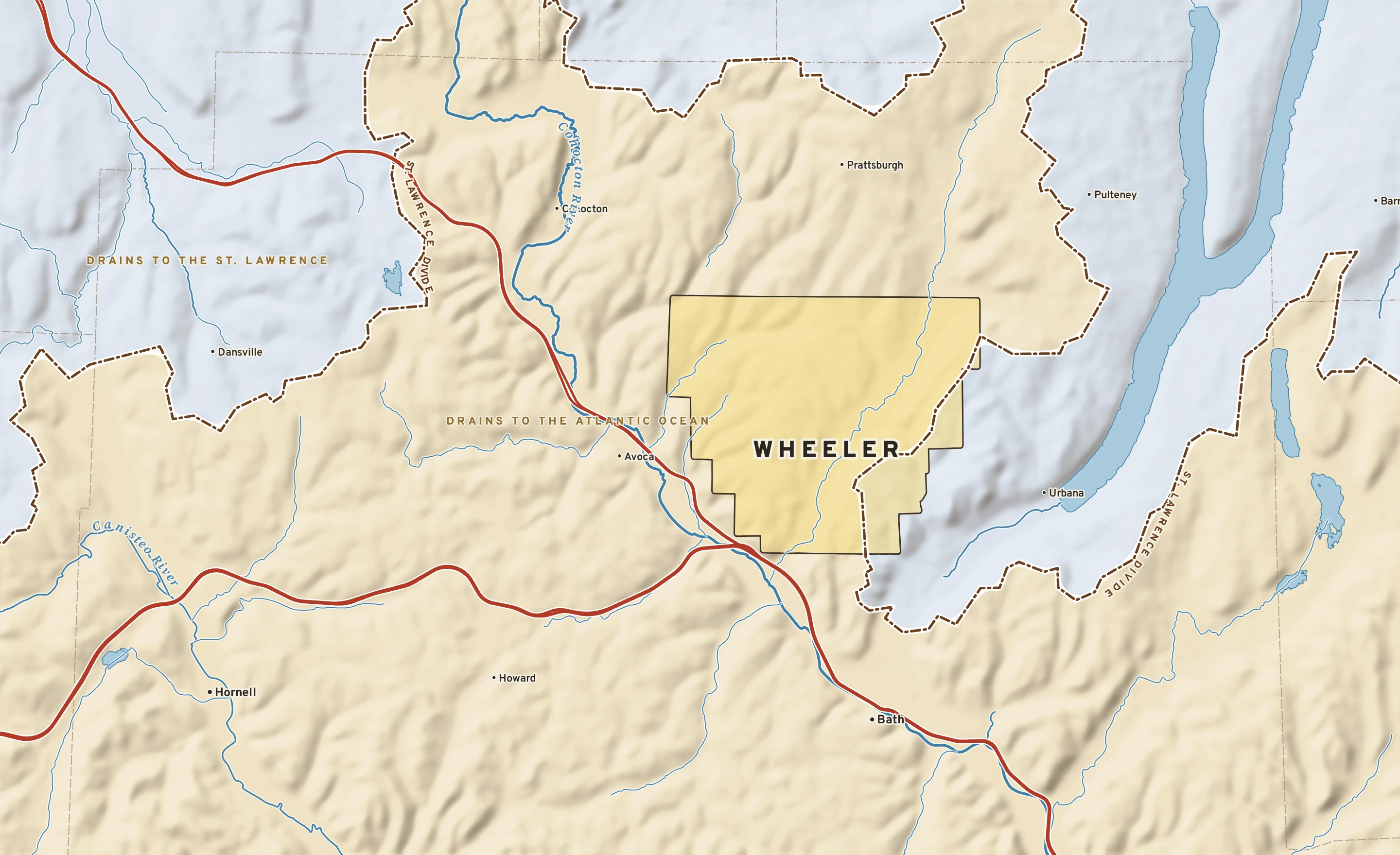 Shaded-relief atlas plate of Wheeler, New York: rivers, roads, the city limits and where the water drains.