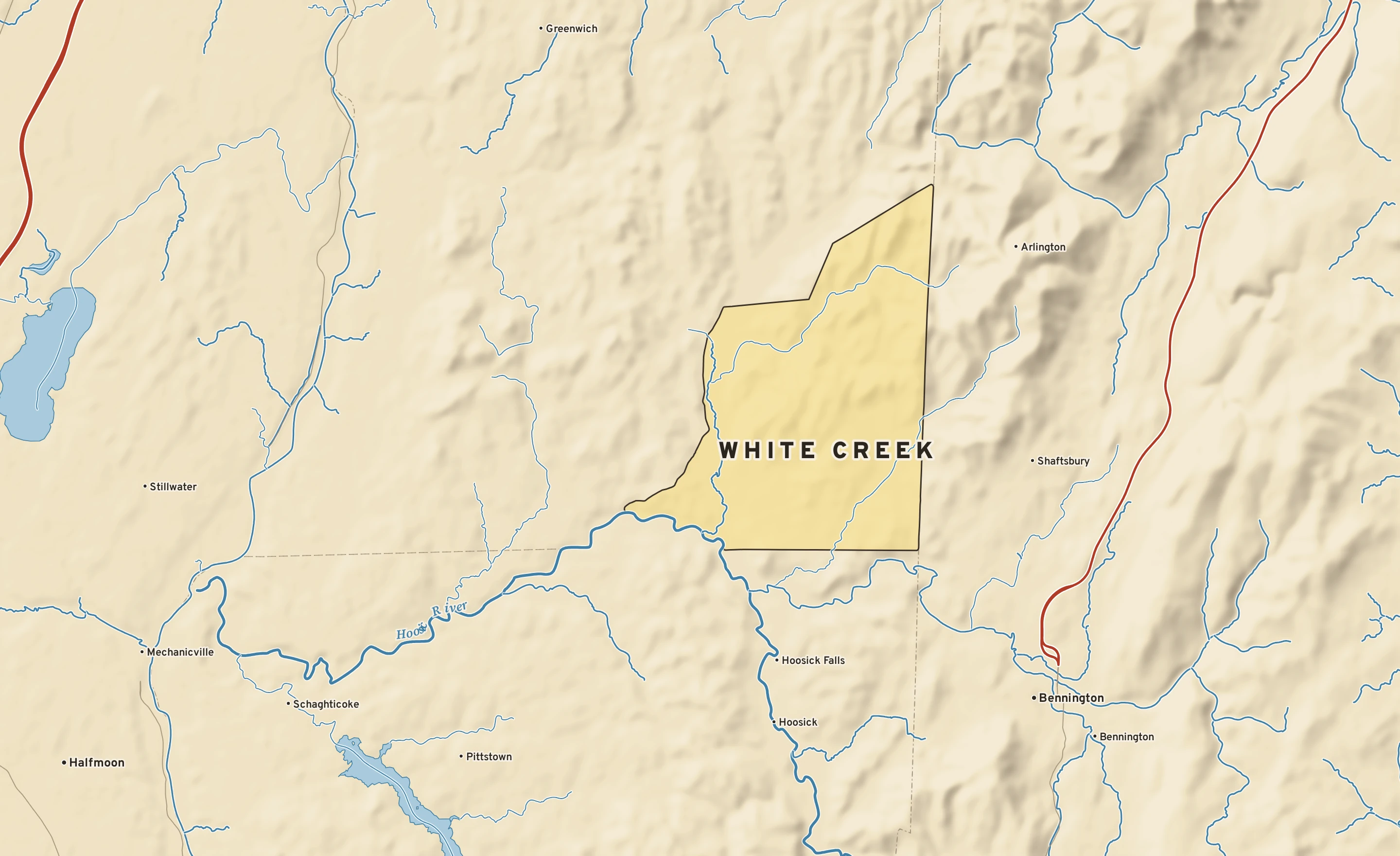 Shaded-relief atlas plate of White Creek, New York: rivers, roads, the city limits and where the water drains.
