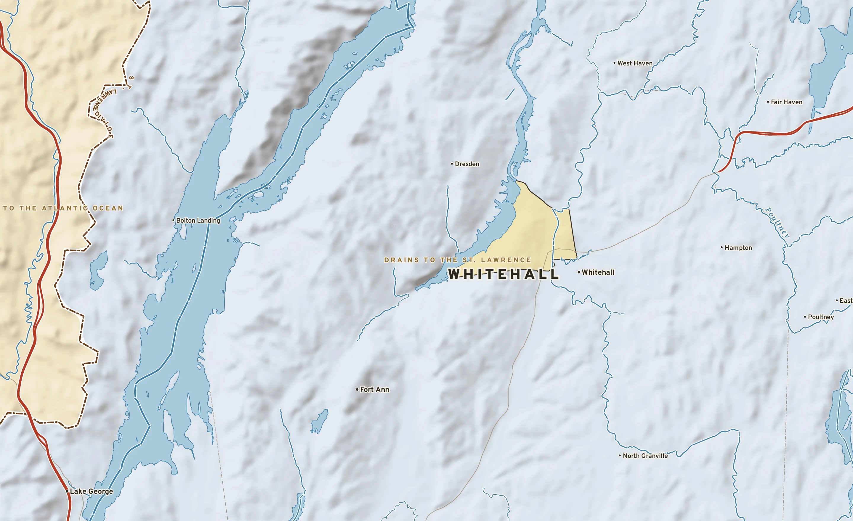 Shaded-relief atlas plate of Whitehall, New York: rivers, roads, the city limits and where the water drains.