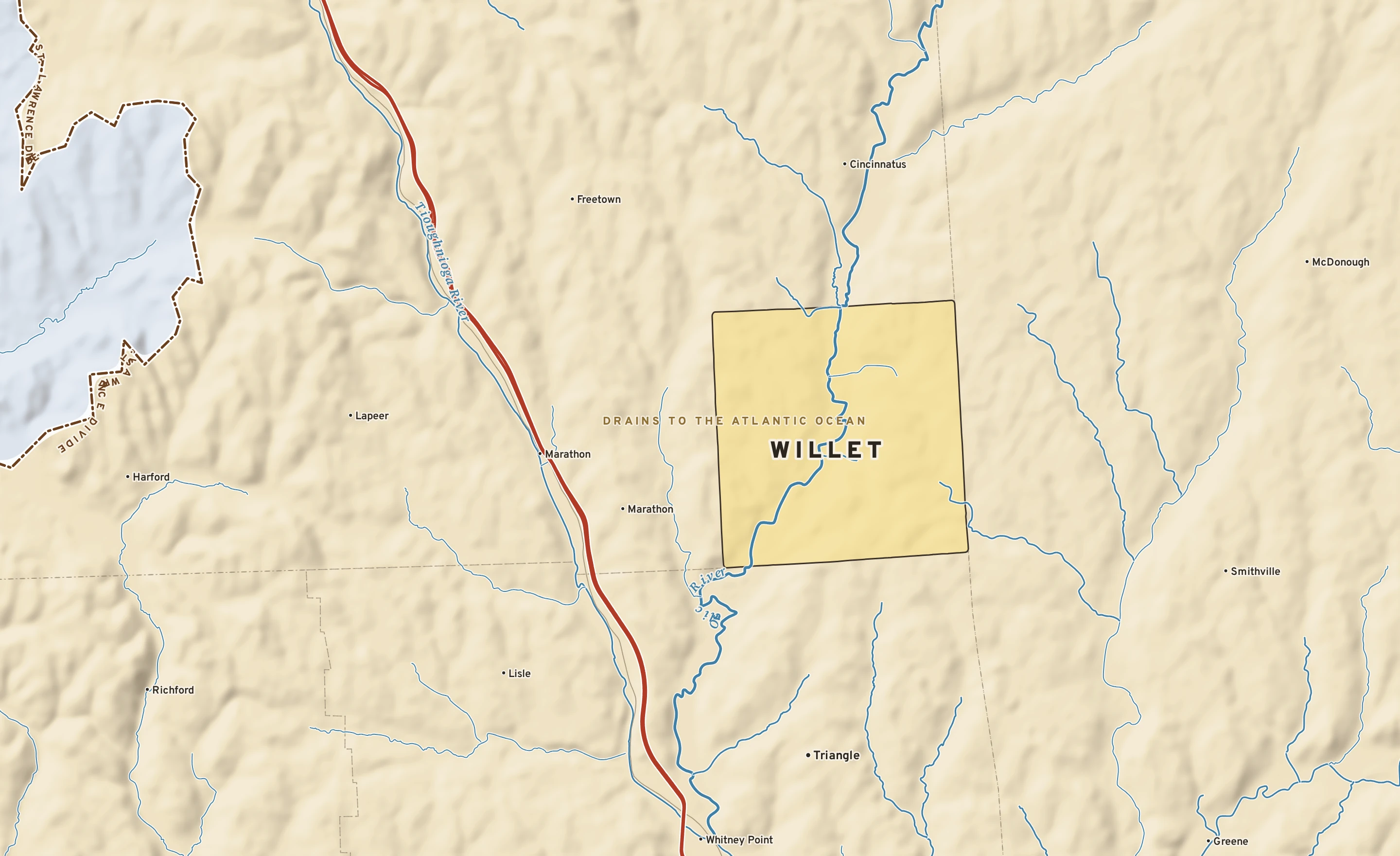 Shaded-relief atlas plate of Willet, New York: rivers, roads, the city limits and where the water drains.