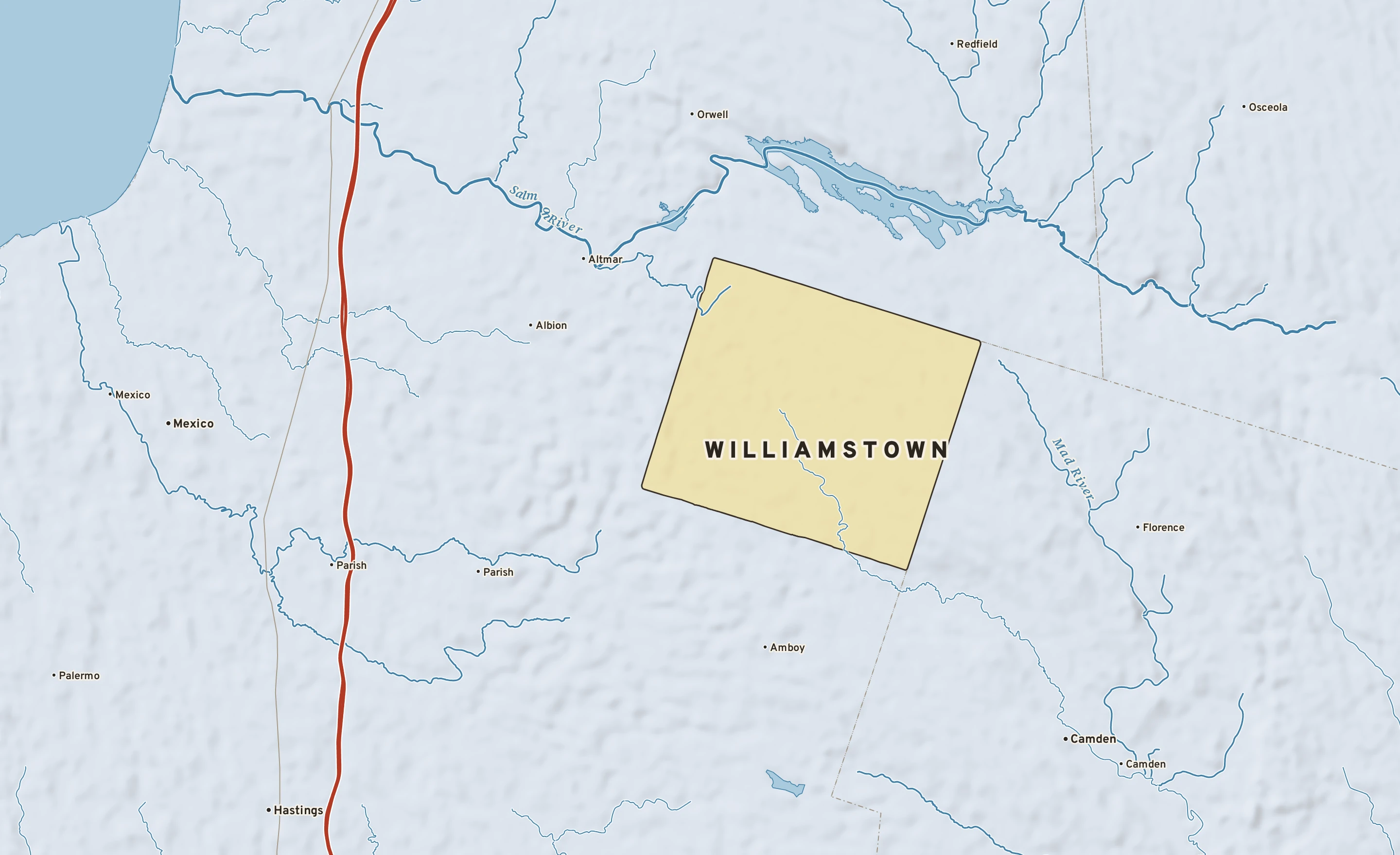 Shaded-relief atlas plate of Williamstown, New York: rivers, roads, the city limits and where the water drains.