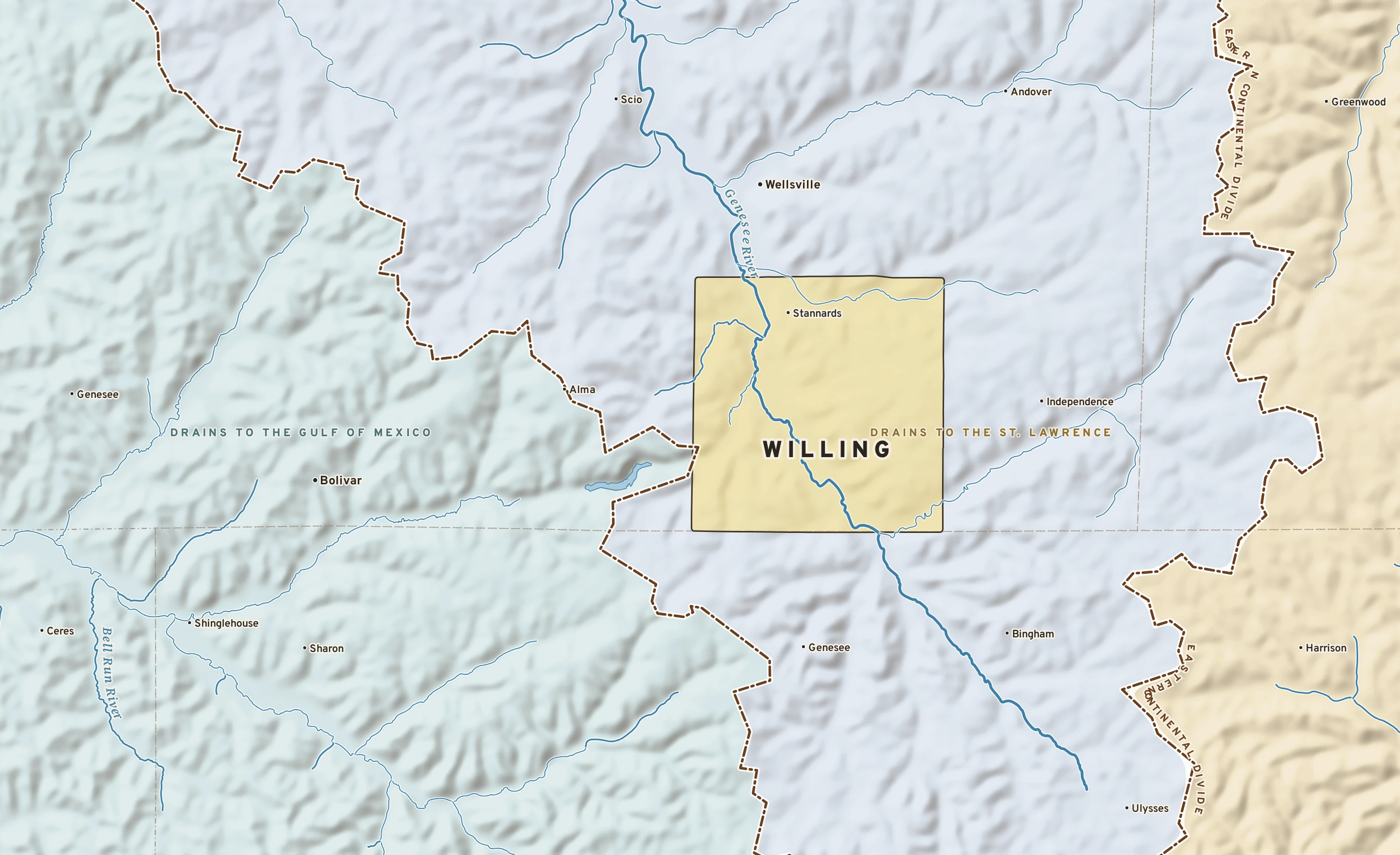 Shaded-relief atlas plate of Willing, New York: rivers, roads, the city limits and where the water drains.