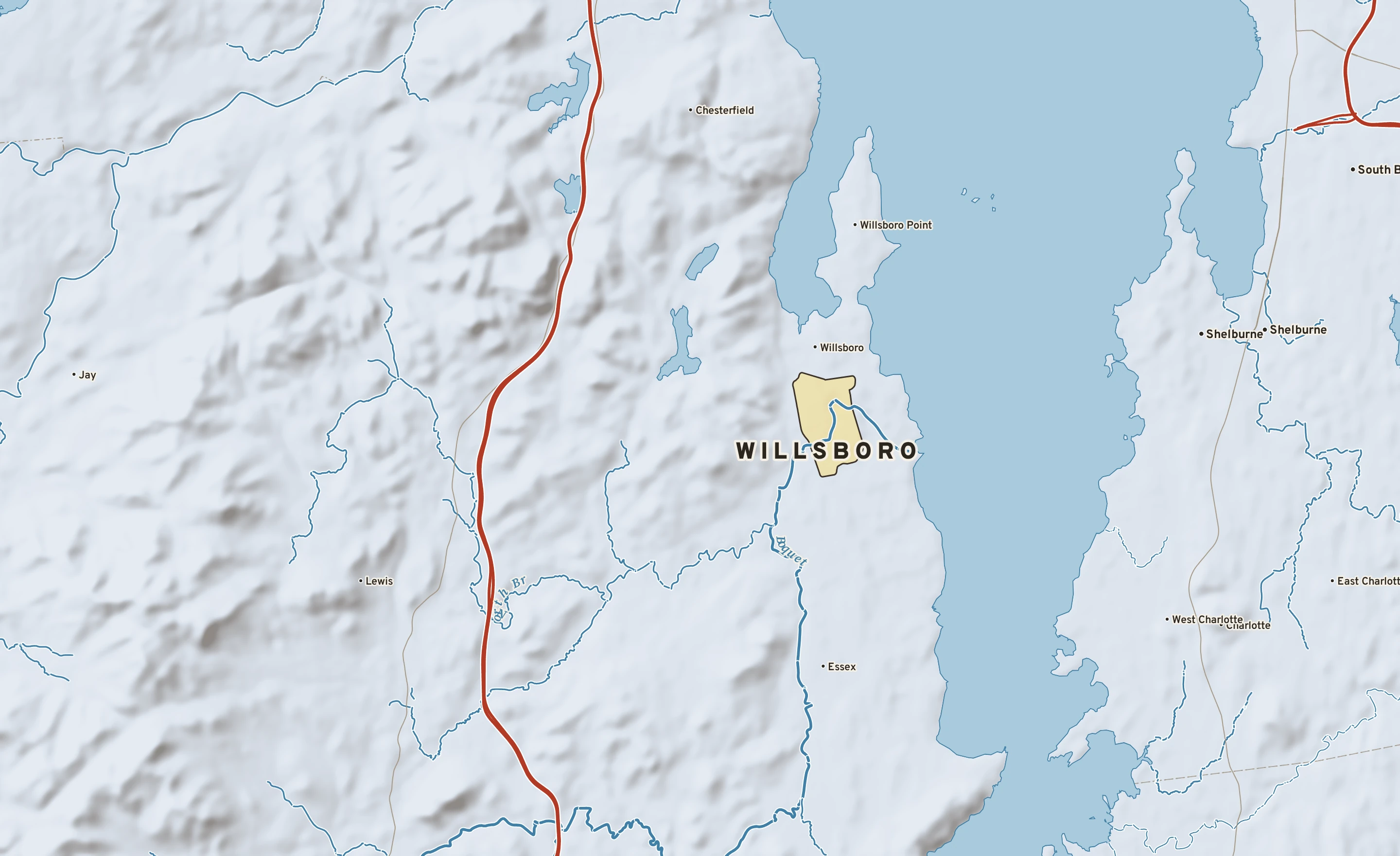 Shaded-relief atlas plate of Willsboro, New York: rivers, roads, the city limits and where the water drains.
