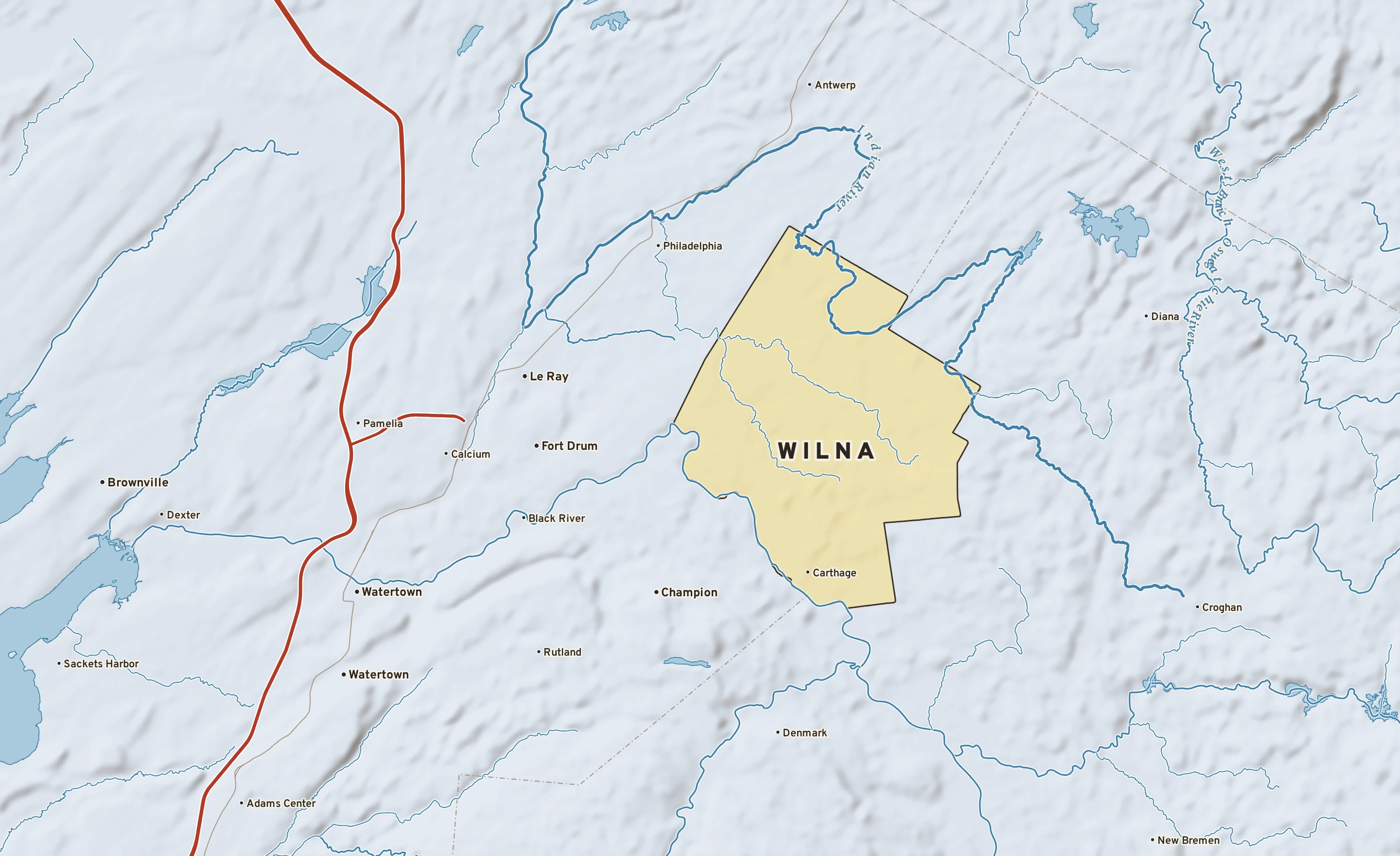 Shaded-relief atlas plate of Wilna, New York: rivers, roads, the city limits and where the water drains.