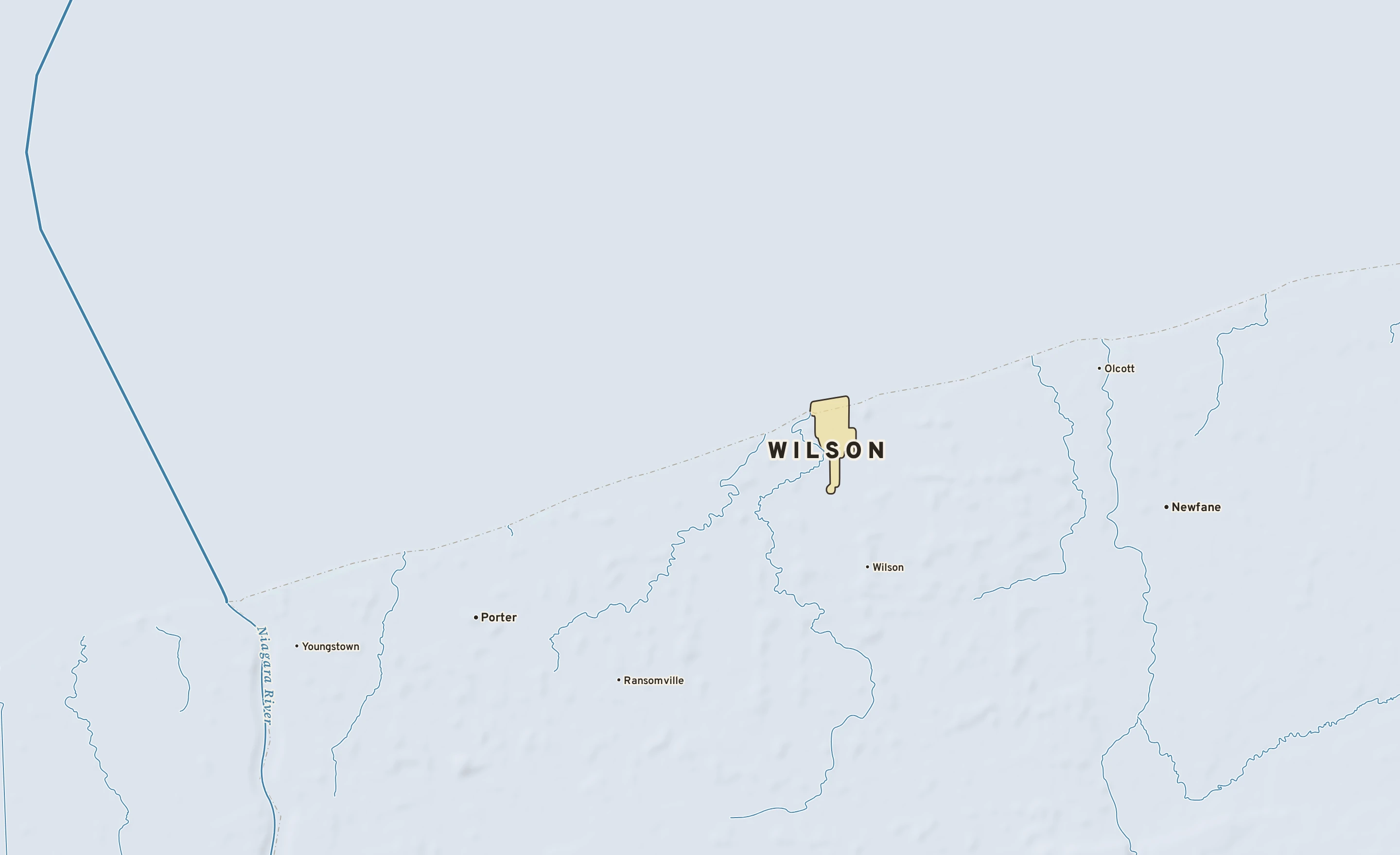 Shaded-relief atlas plate of Wilson, New York: rivers, roads, the city limits and where the water drains.