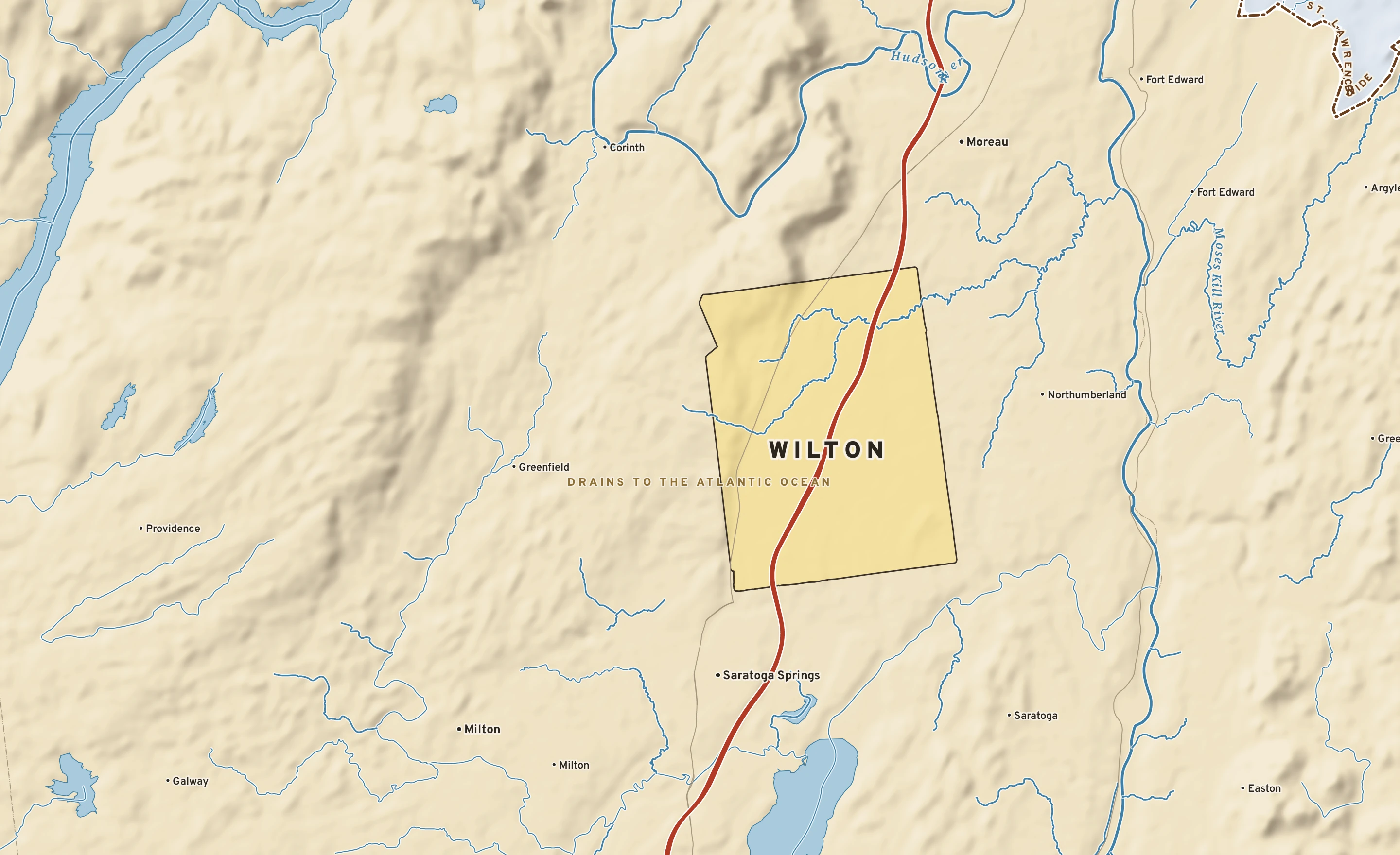 Shaded-relief atlas plate of Wilton, New York: rivers, roads, the city limits and where the water drains.