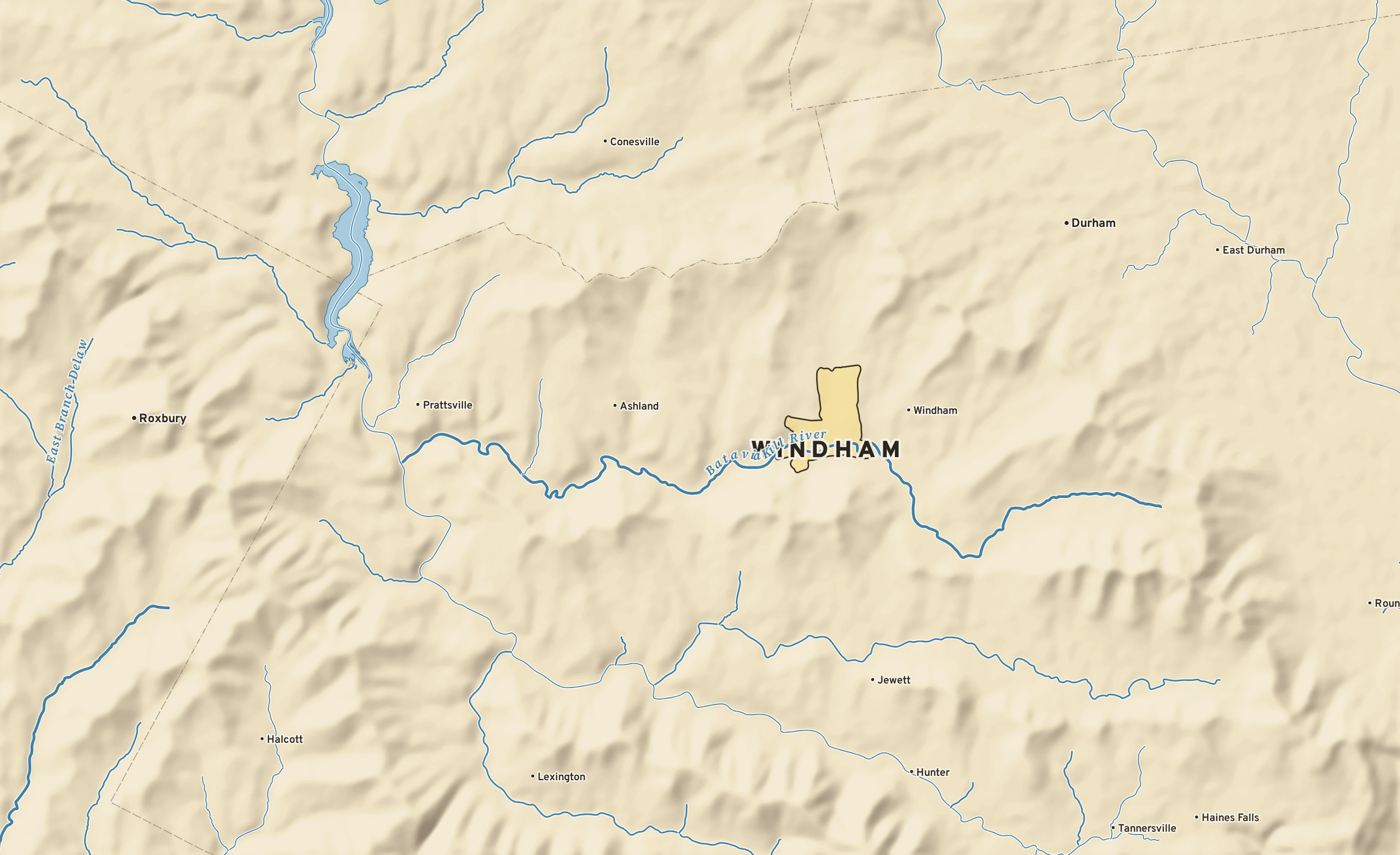 Shaded-relief atlas plate of Windham, New York: rivers, roads, the city limits and where the water drains.