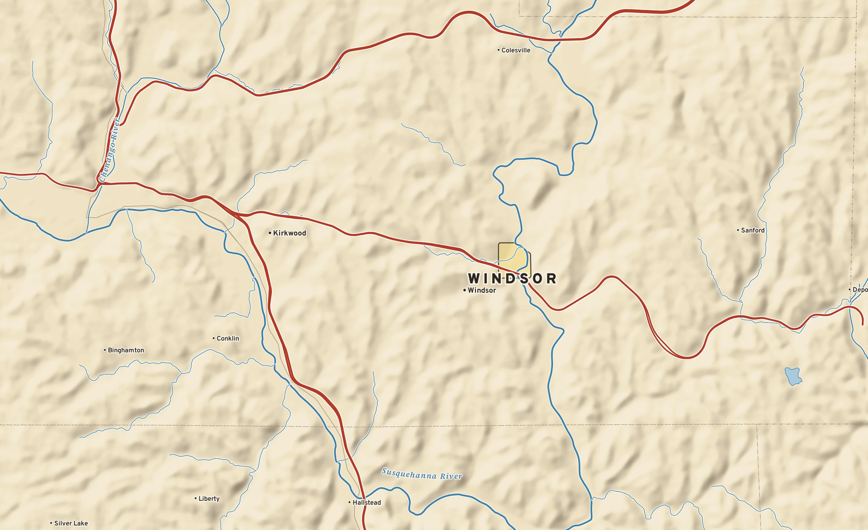 Shaded-relief atlas plate of Windsor, New York: rivers, roads, the city limits and where the water drains.