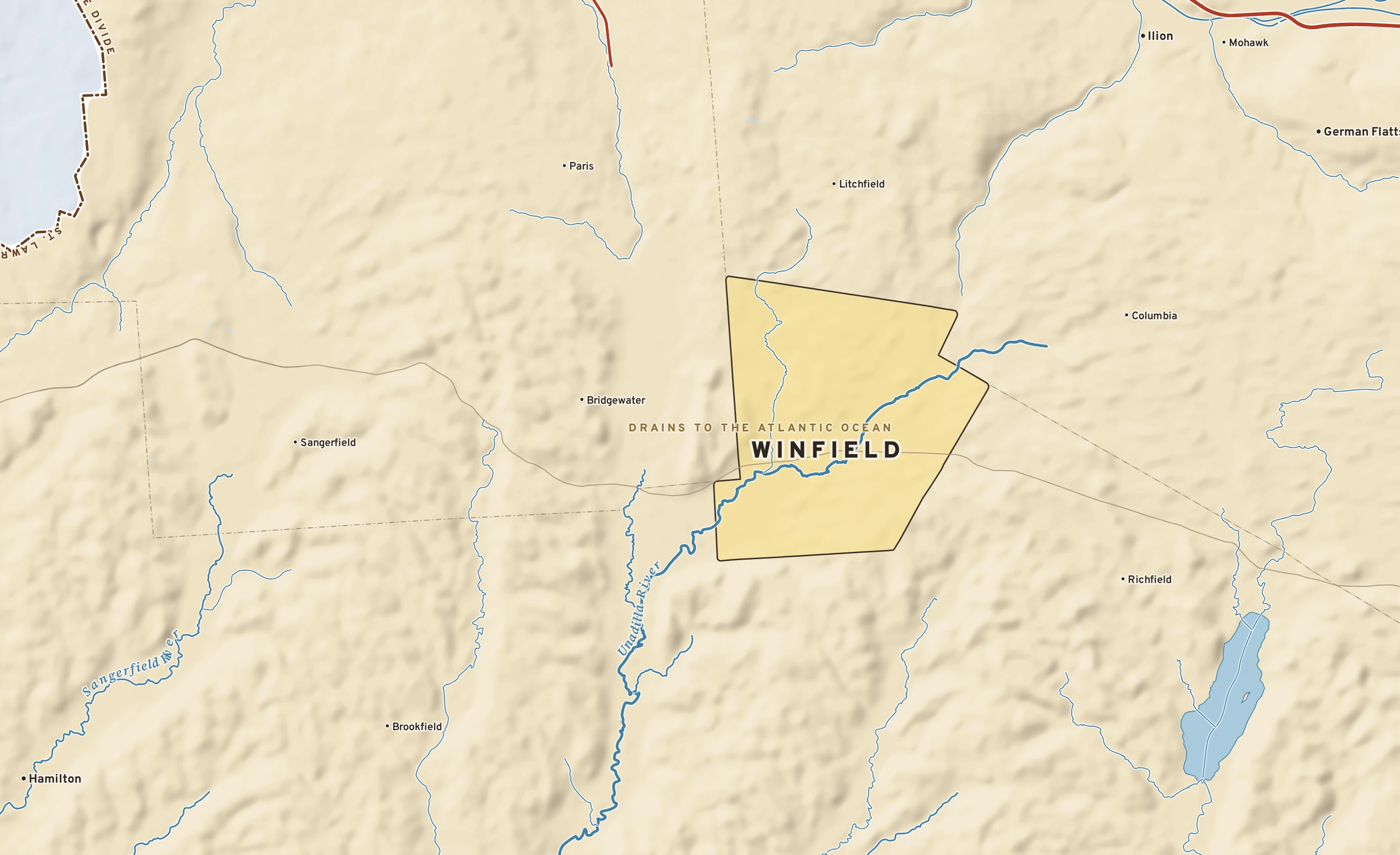 Shaded-relief atlas plate of Winfield, New York: rivers, roads, the city limits and where the water drains.