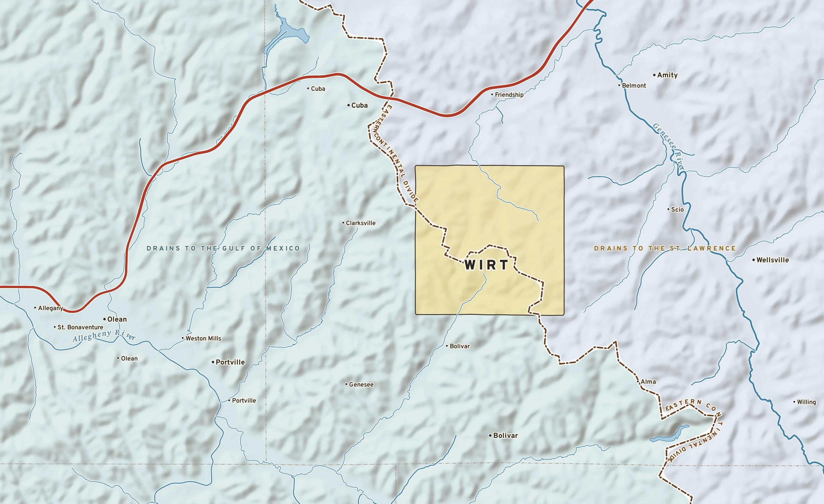 Shaded-relief atlas plate of Wirt, New York: rivers, roads, the city limits and where the water drains.