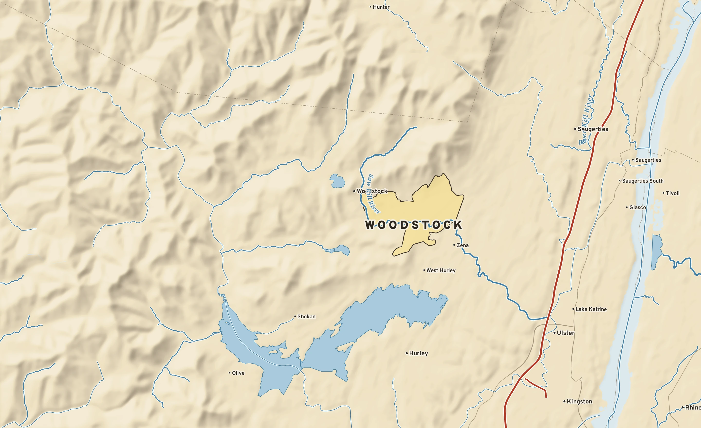 Shaded-relief atlas plate of Woodstock, New York: rivers, roads, the city limits and where the water drains.