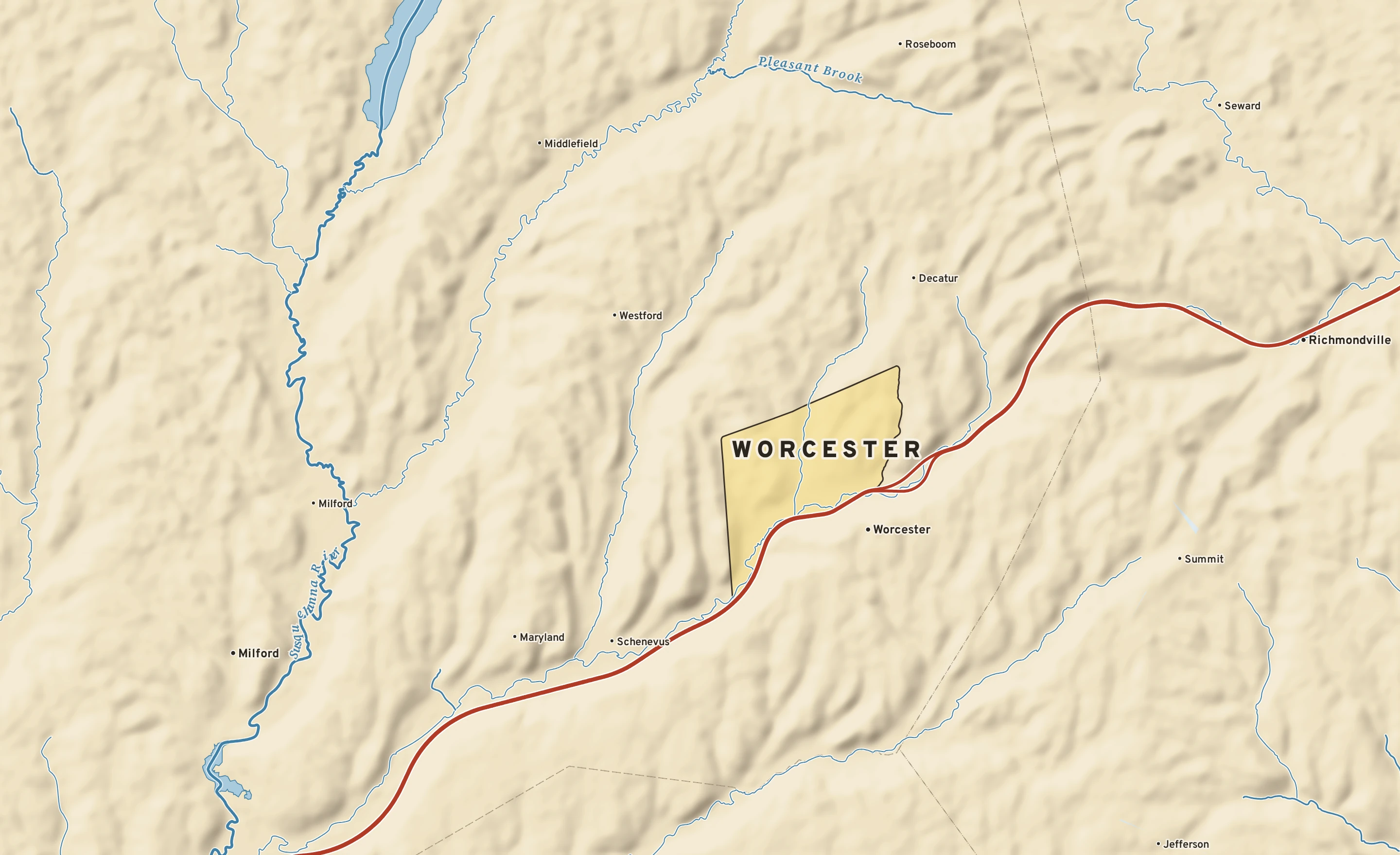 Shaded-relief atlas plate of Worcester, New York: rivers, roads, the city limits and where the water drains.