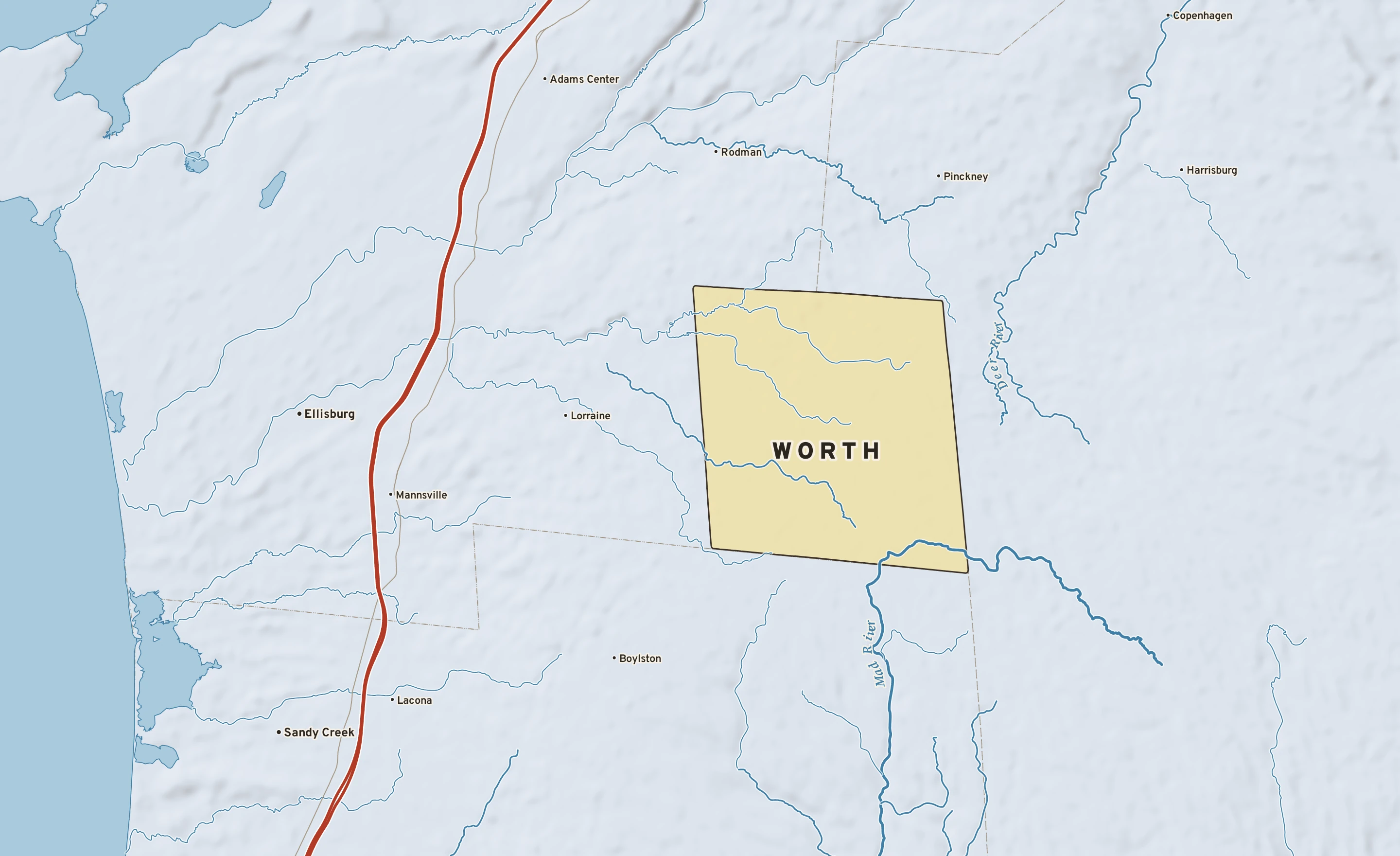 Shaded-relief atlas plate of Worth, New York: rivers, roads, the city limits and where the water drains.