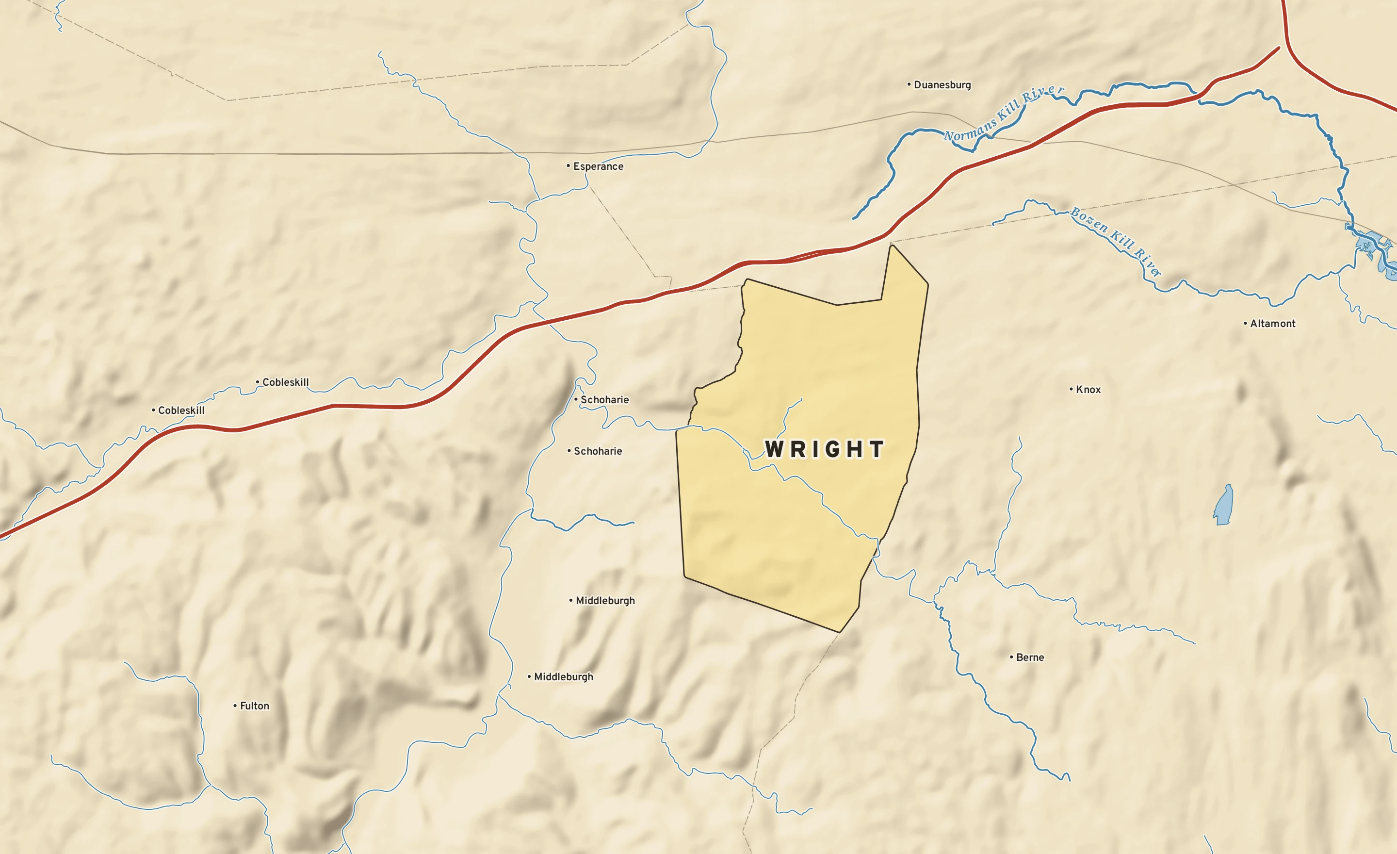 Shaded-relief atlas plate of Wright, New York: rivers, roads, the city limits and where the water drains.