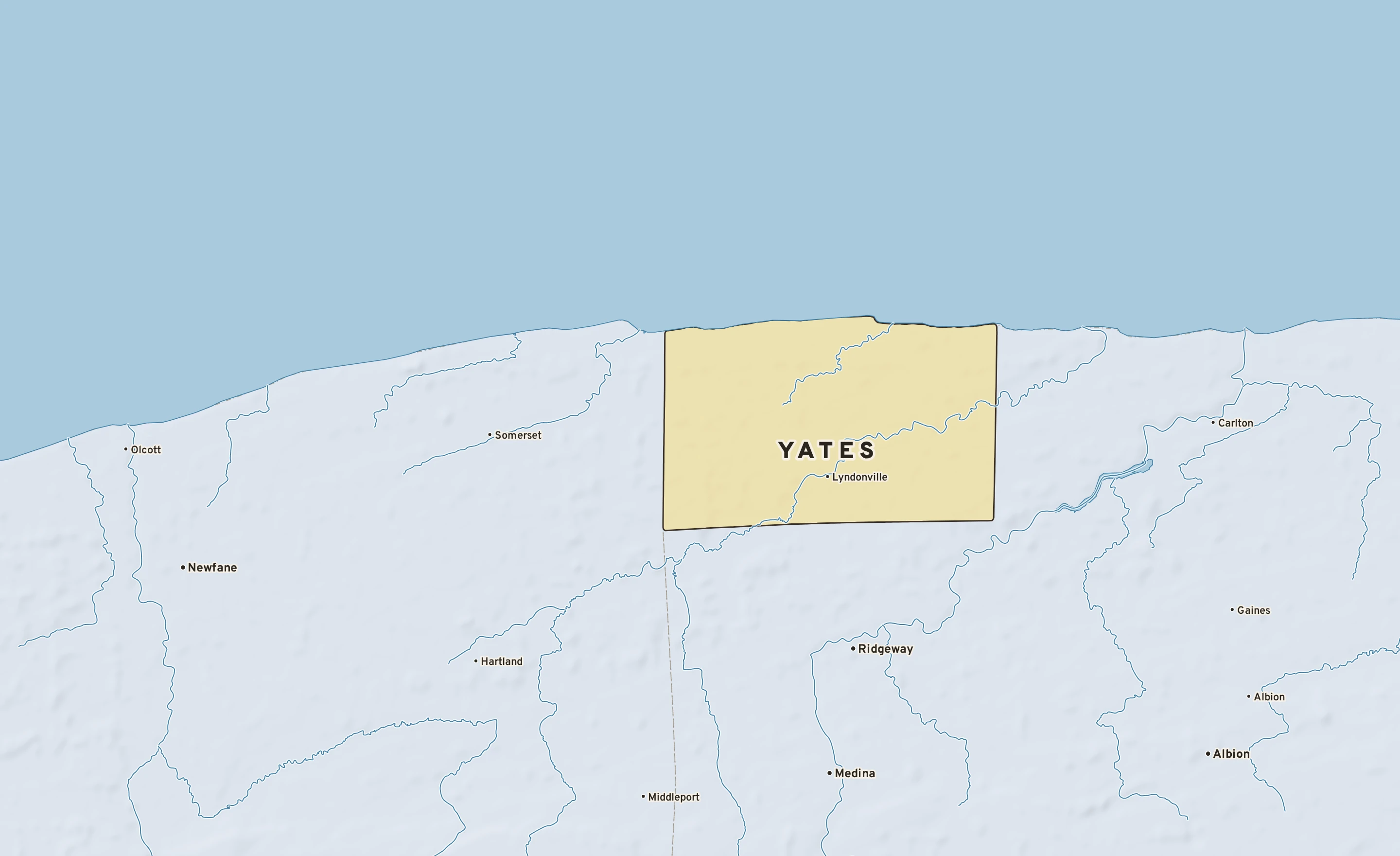 Shaded-relief atlas plate of Yates, New York: rivers, roads, the city limits and where the water drains.