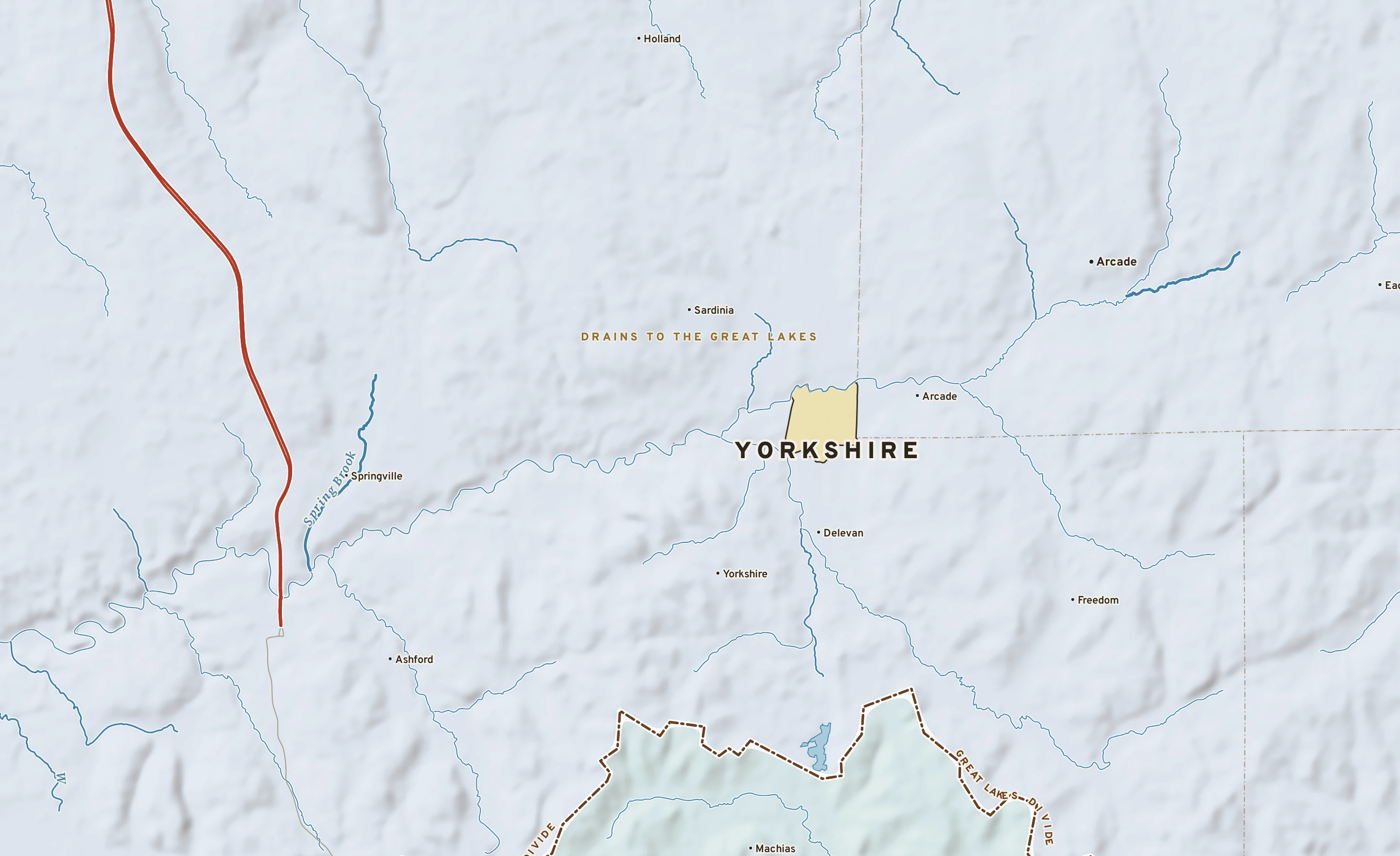 Shaded-relief atlas plate of Yorkshire, New York: rivers, roads, the city limits and where the water drains.