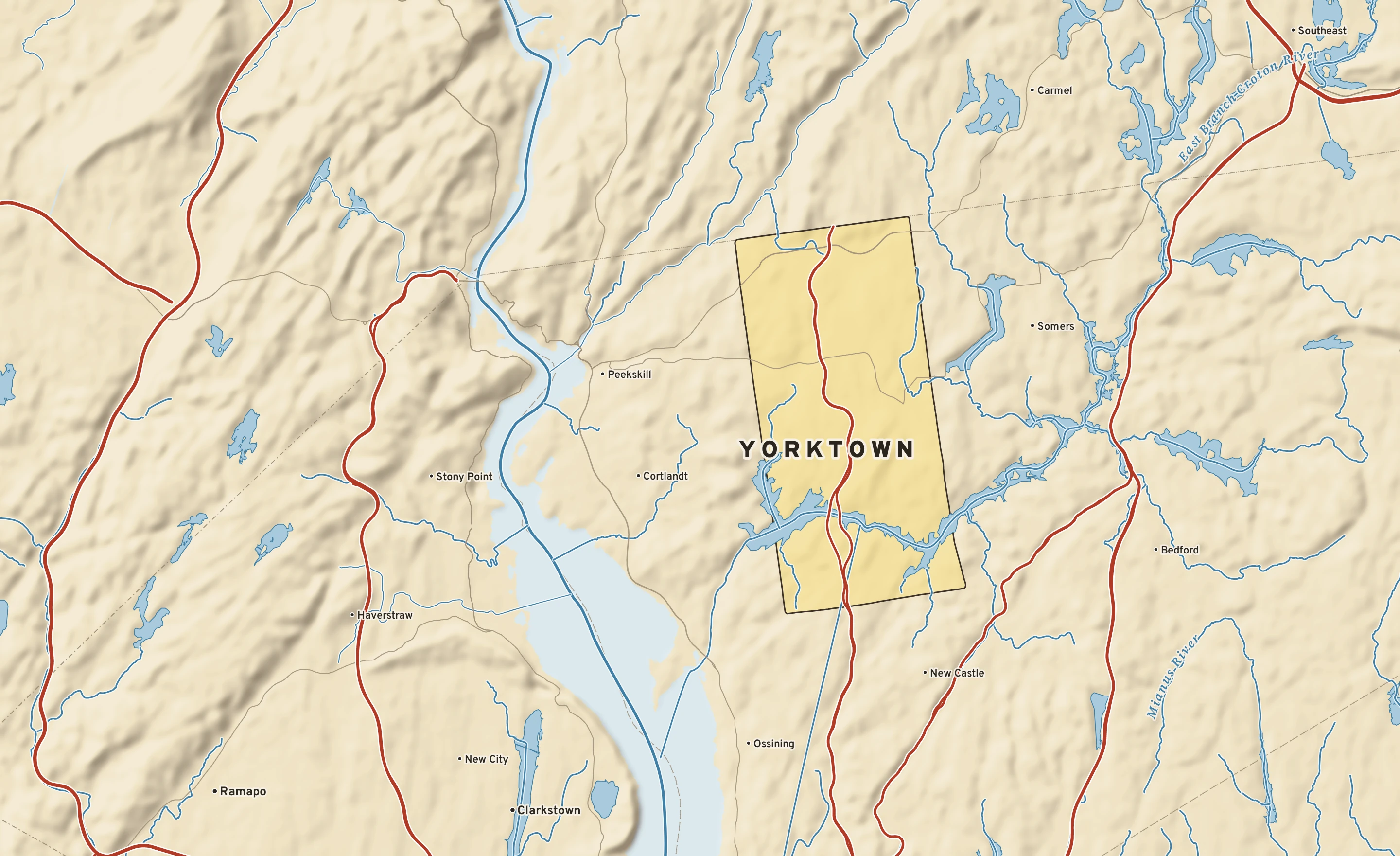 Shaded-relief atlas plate of Yorktown, New York: rivers, roads, the city limits and where the water drains.