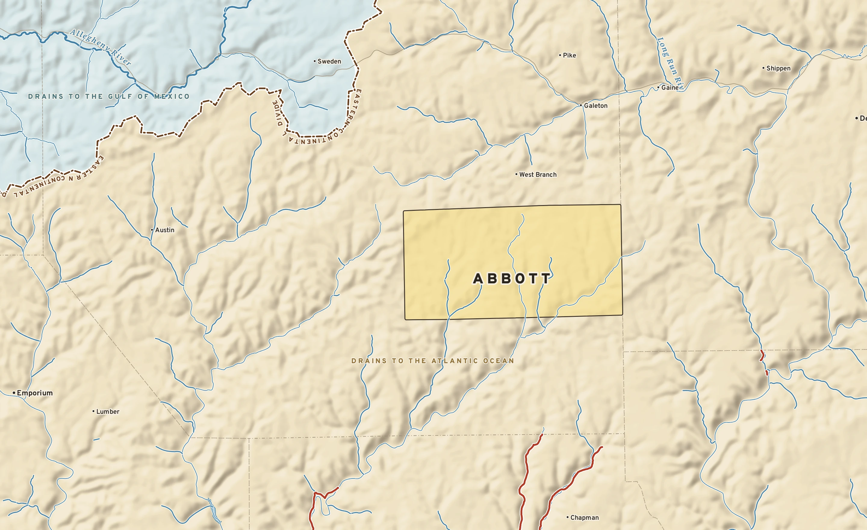 Shaded-relief atlas plate of Abbott, Pennsylvania: rivers, roads, the city limits and where the water drains.