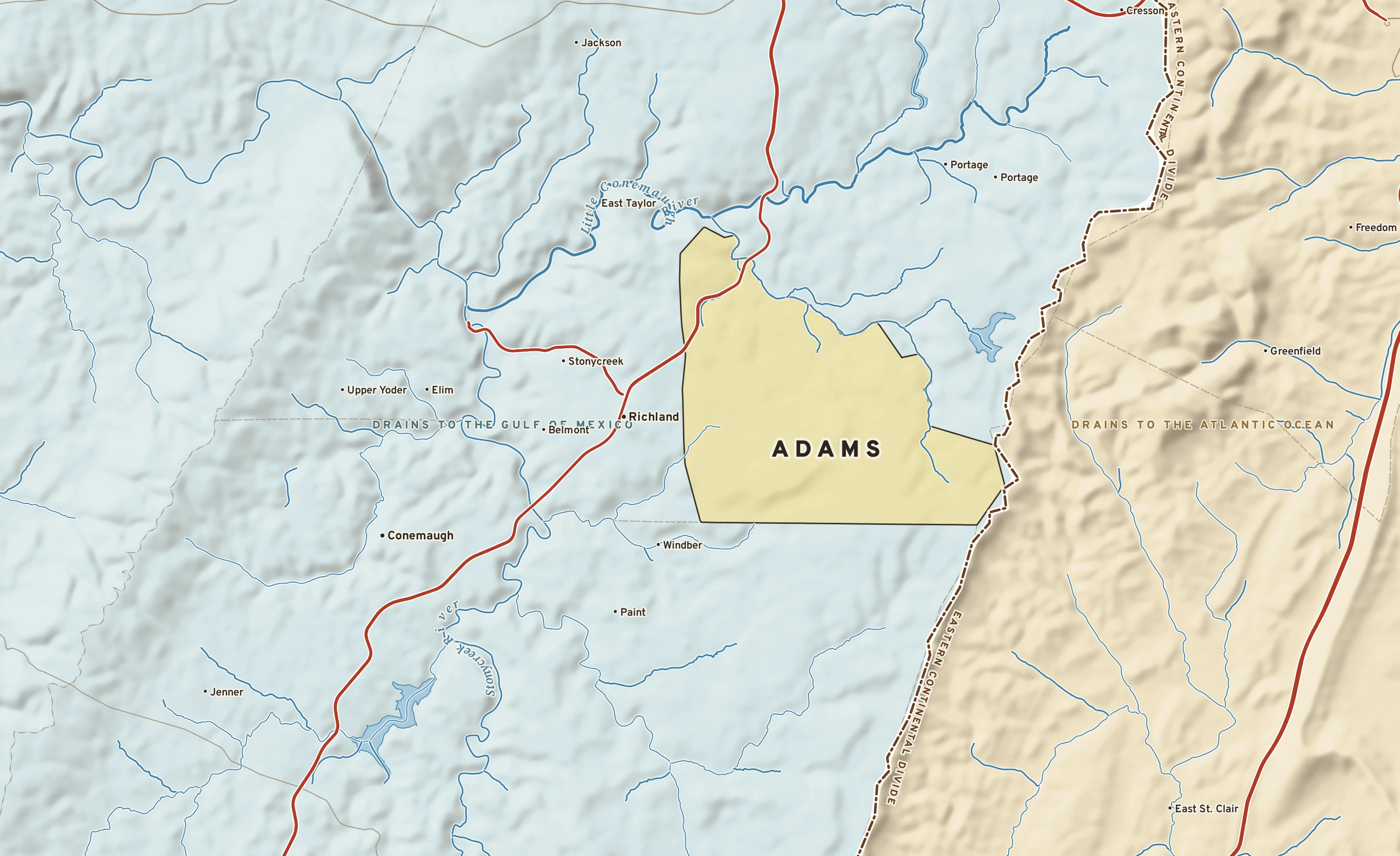 Shaded-relief atlas plate of Adams, Pennsylvania: rivers, roads, the city limits and where the water drains.