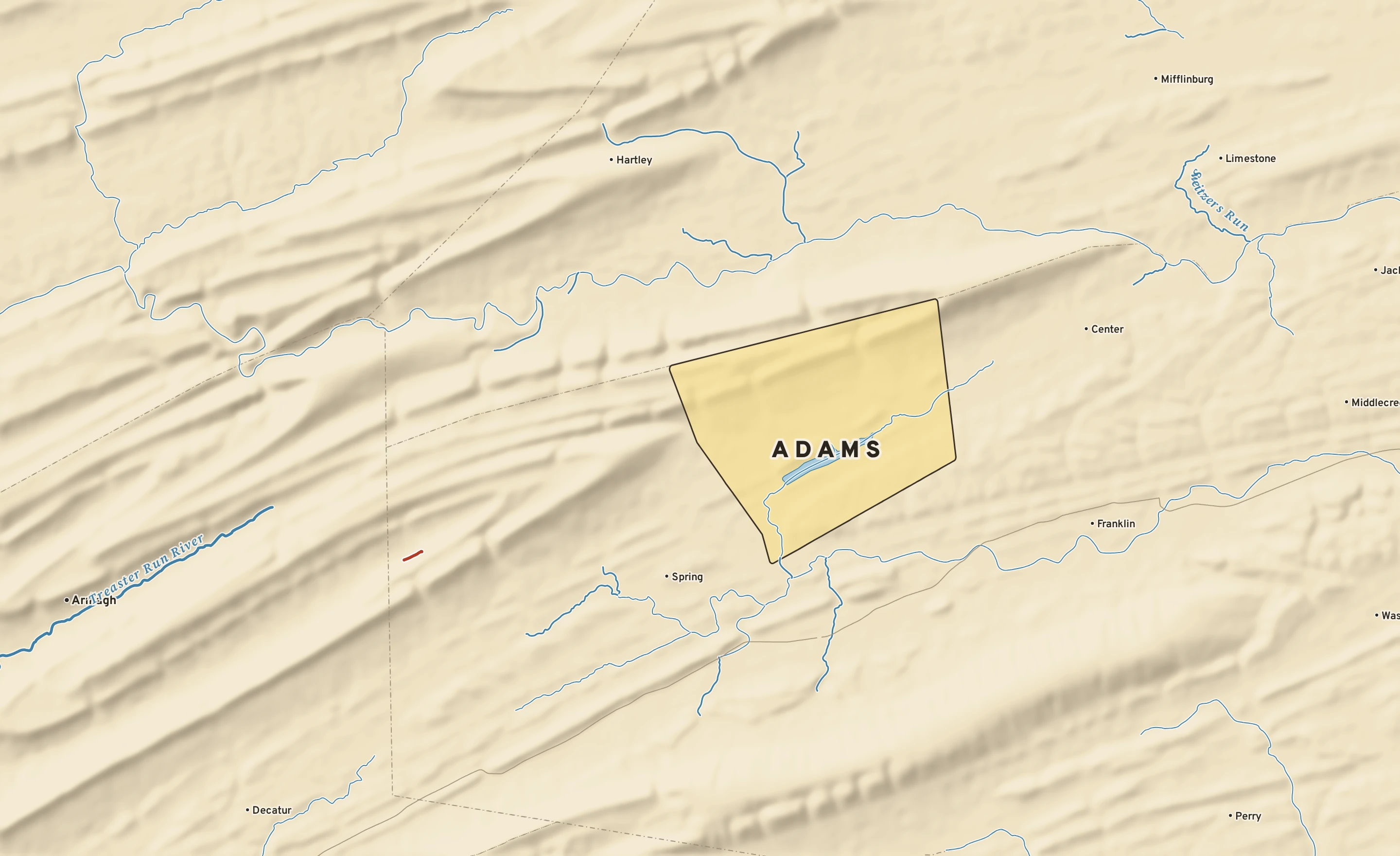 Shaded-relief atlas plate of Adams, Pennsylvania: rivers, roads, the city limits and where the water drains.