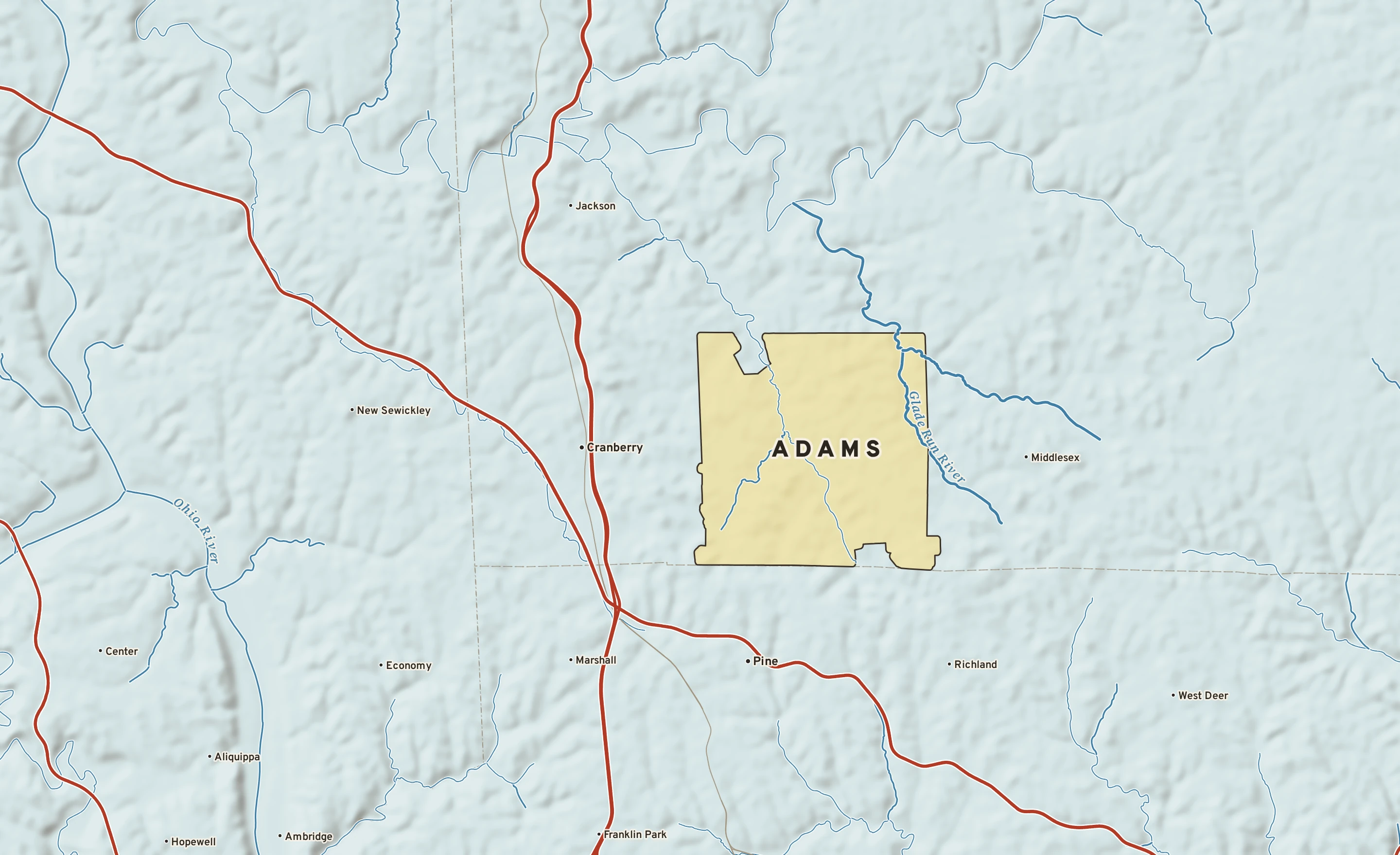 Shaded-relief atlas plate of Adams, Pennsylvania: rivers, roads, the city limits and where the water drains.