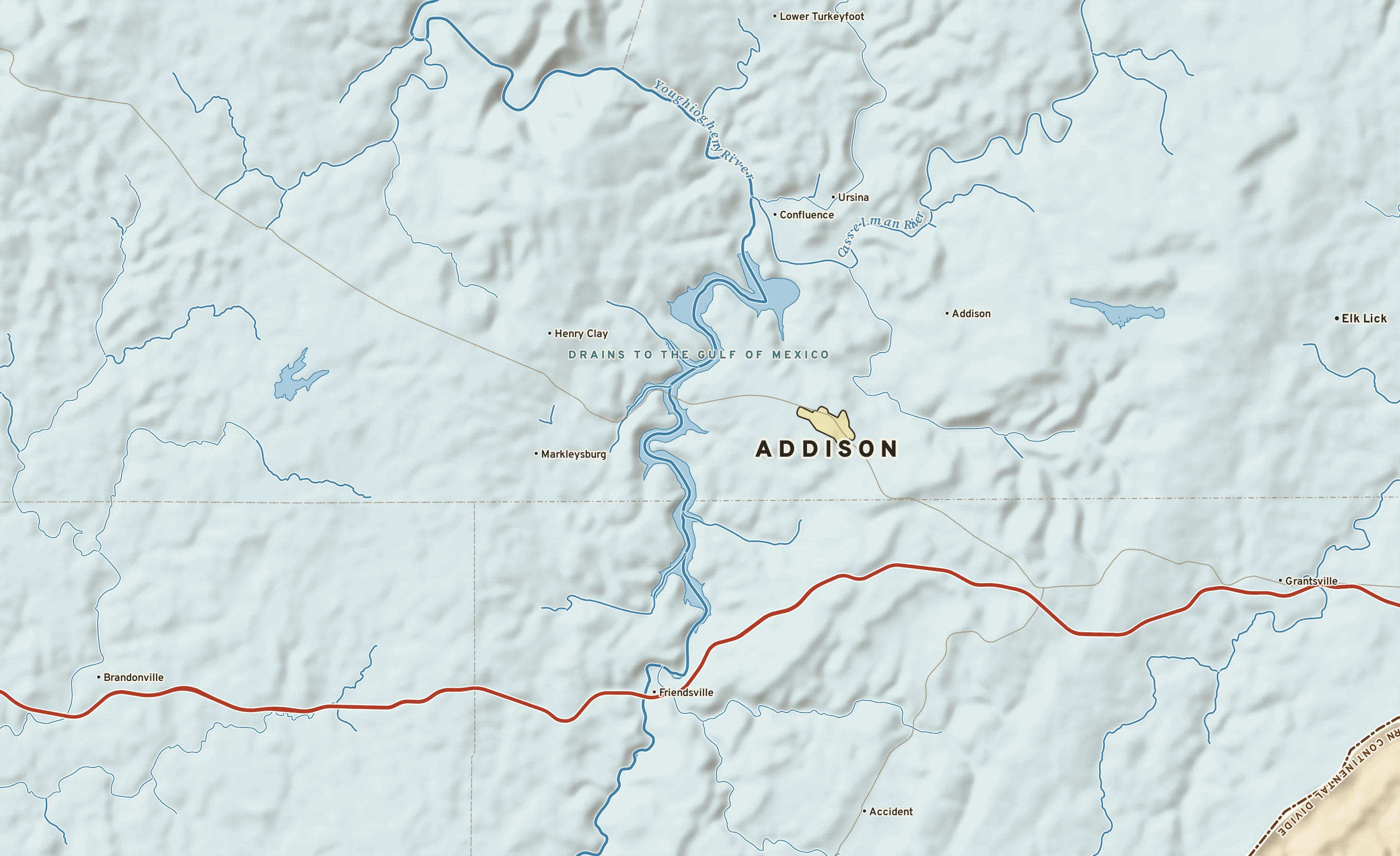 Shaded-relief atlas plate of Addison, Pennsylvania: rivers, roads, the city limits and where the water drains.