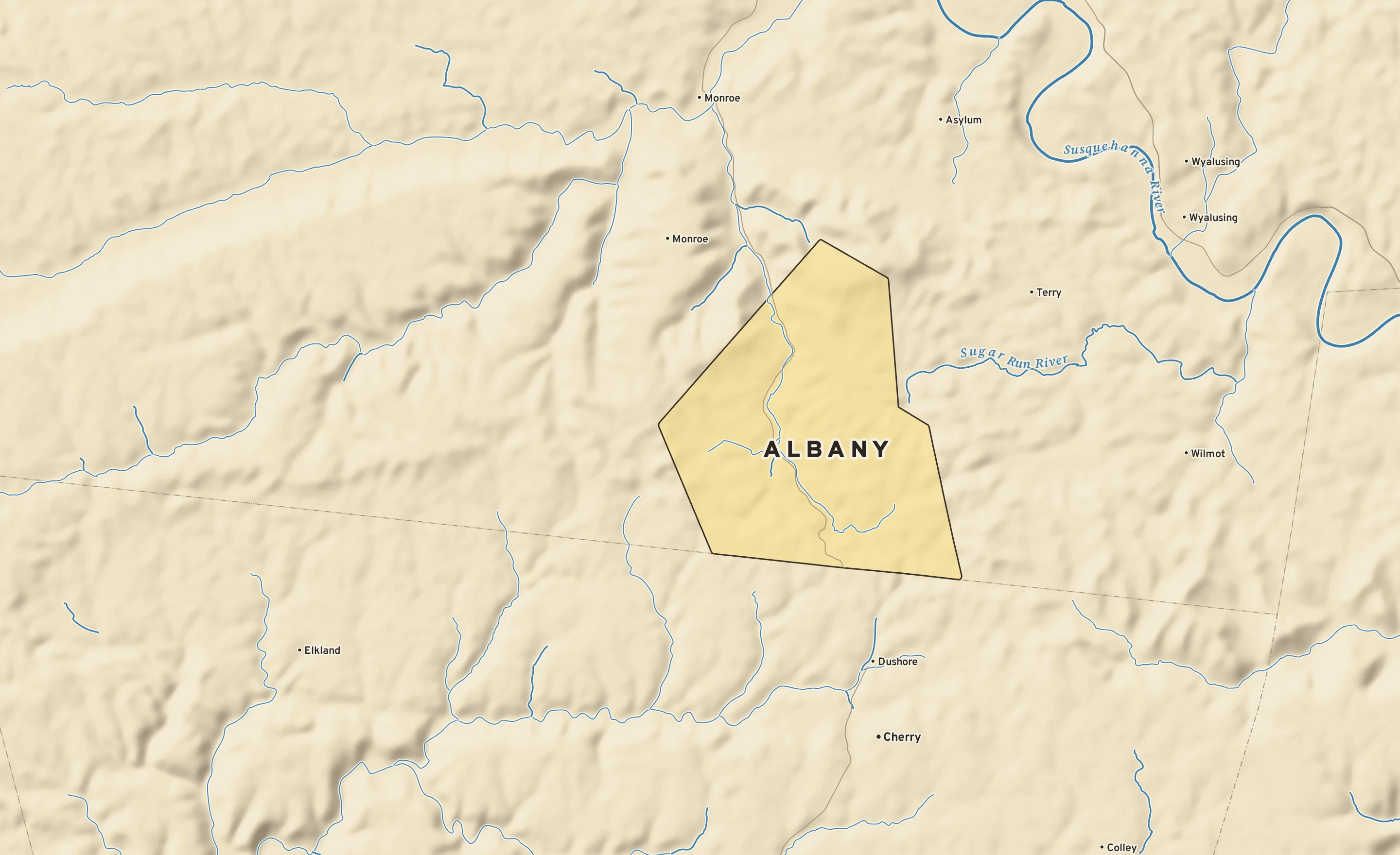 Shaded-relief atlas plate of Albany, Pennsylvania: rivers, roads, the city limits and where the water drains.