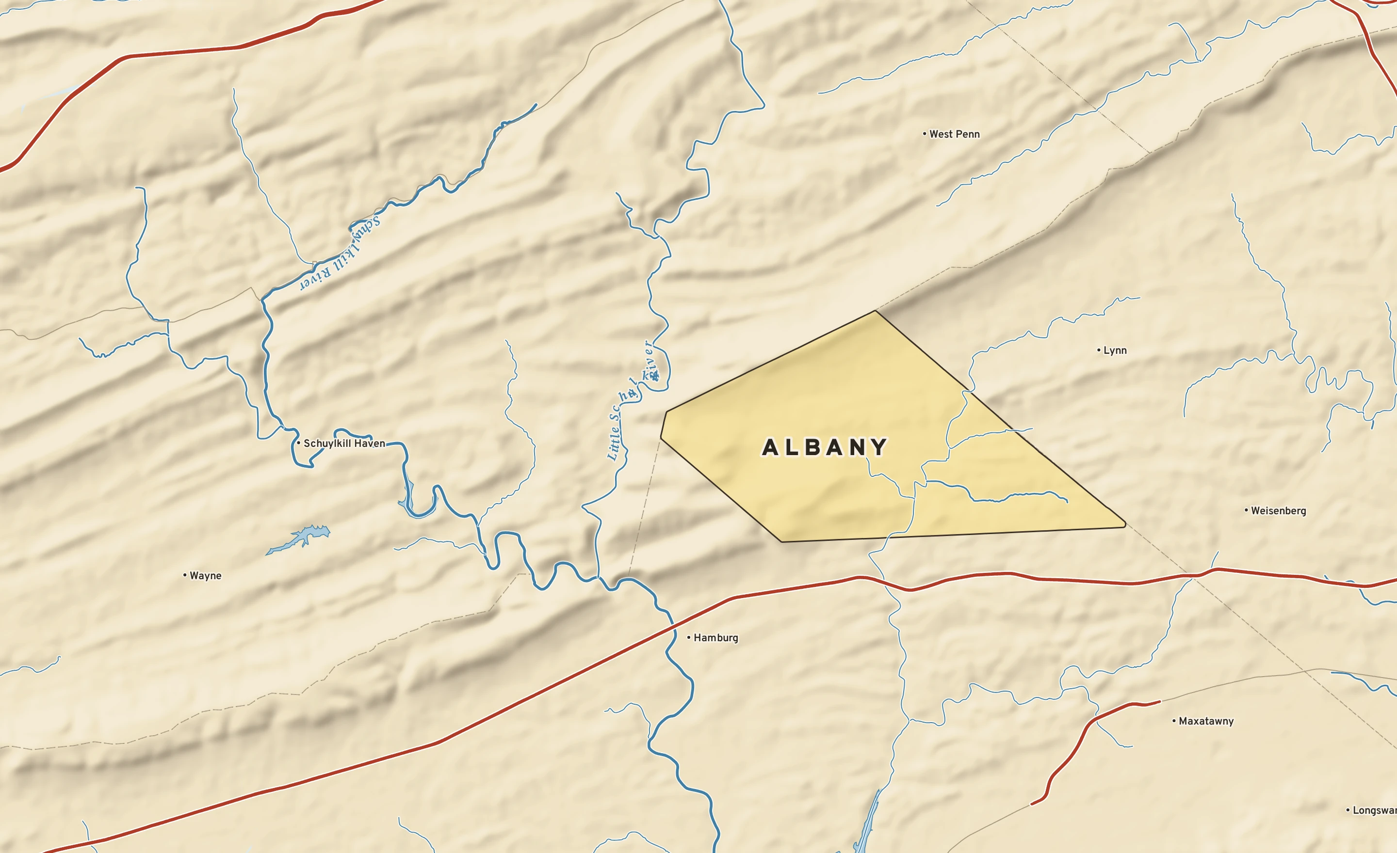 Shaded-relief atlas plate of Albany, Pennsylvania: rivers, roads, the city limits and where the water drains.