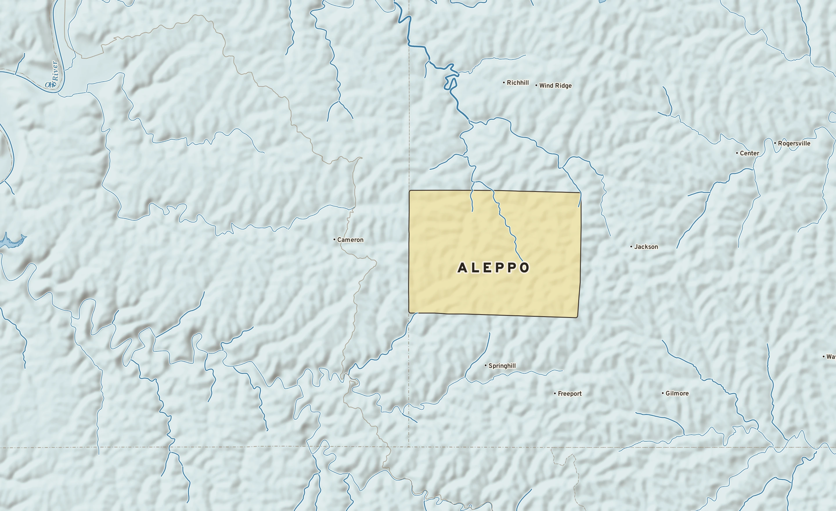 Shaded-relief atlas plate of Aleppo, Pennsylvania: rivers, roads, the city limits and where the water drains.