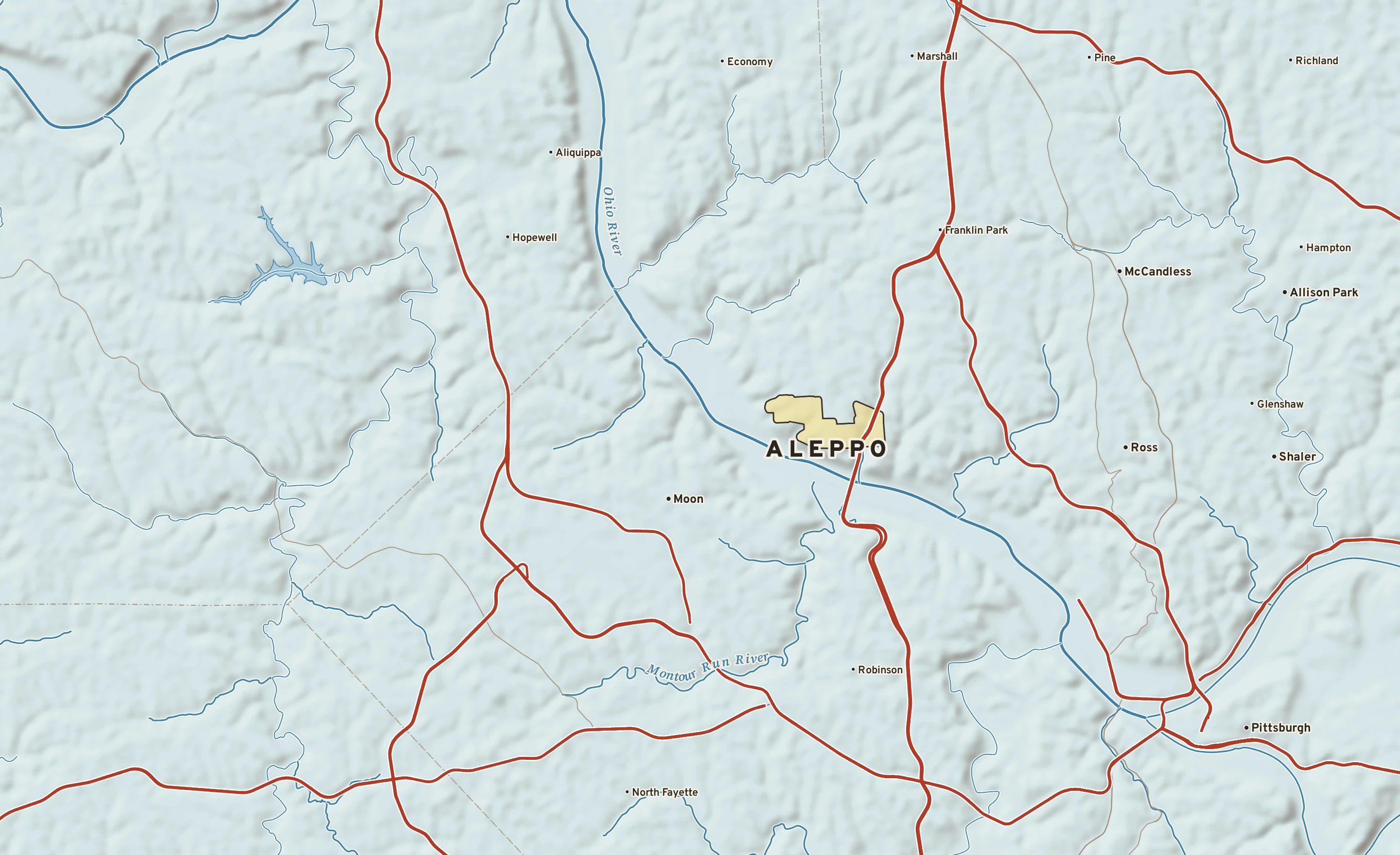 Shaded-relief atlas plate of Aleppo, Pennsylvania: rivers, roads, the city limits and where the water drains.