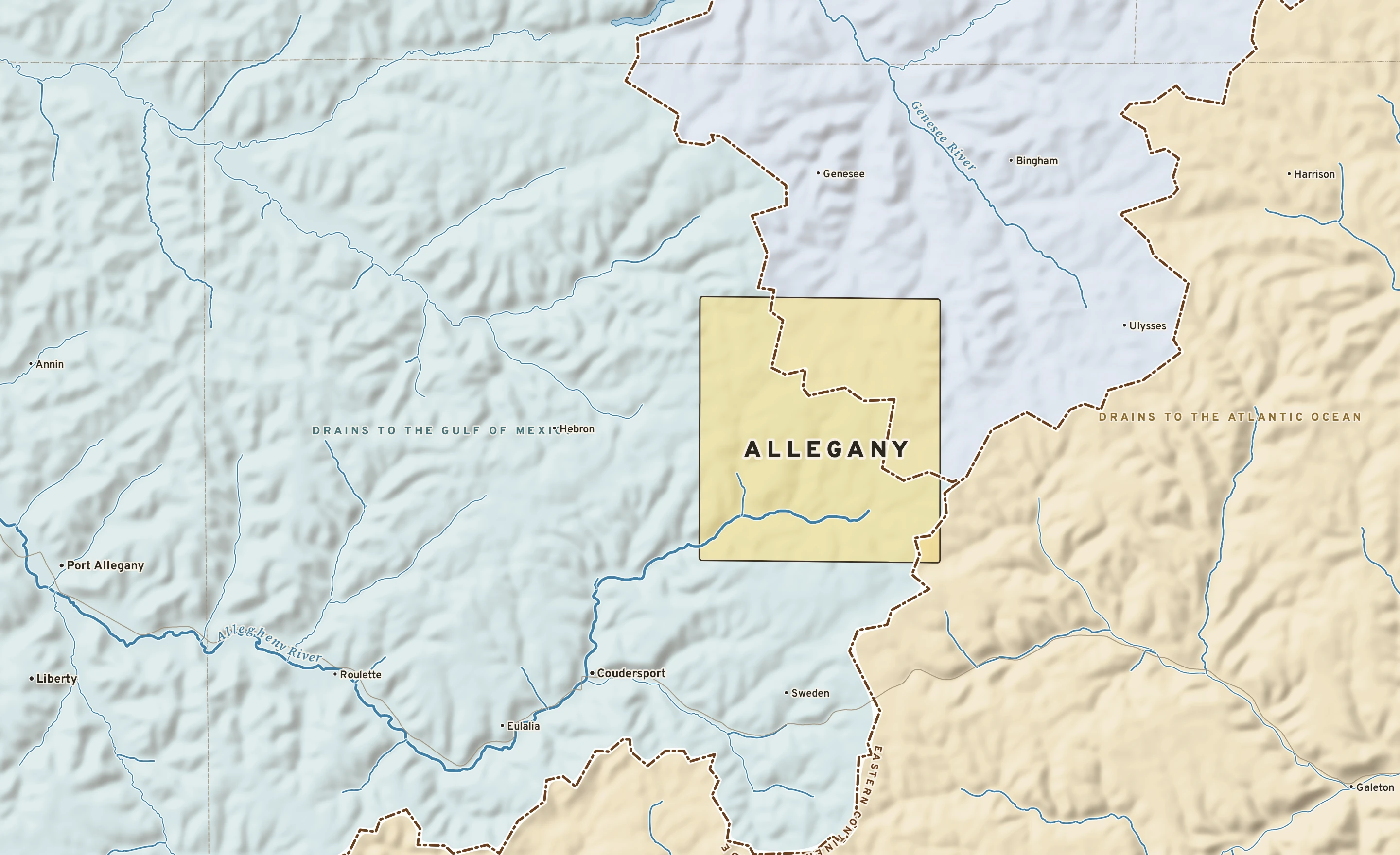 Shaded-relief atlas plate of Allegany, Pennsylvania: rivers, roads, the city limits and where the water drains.