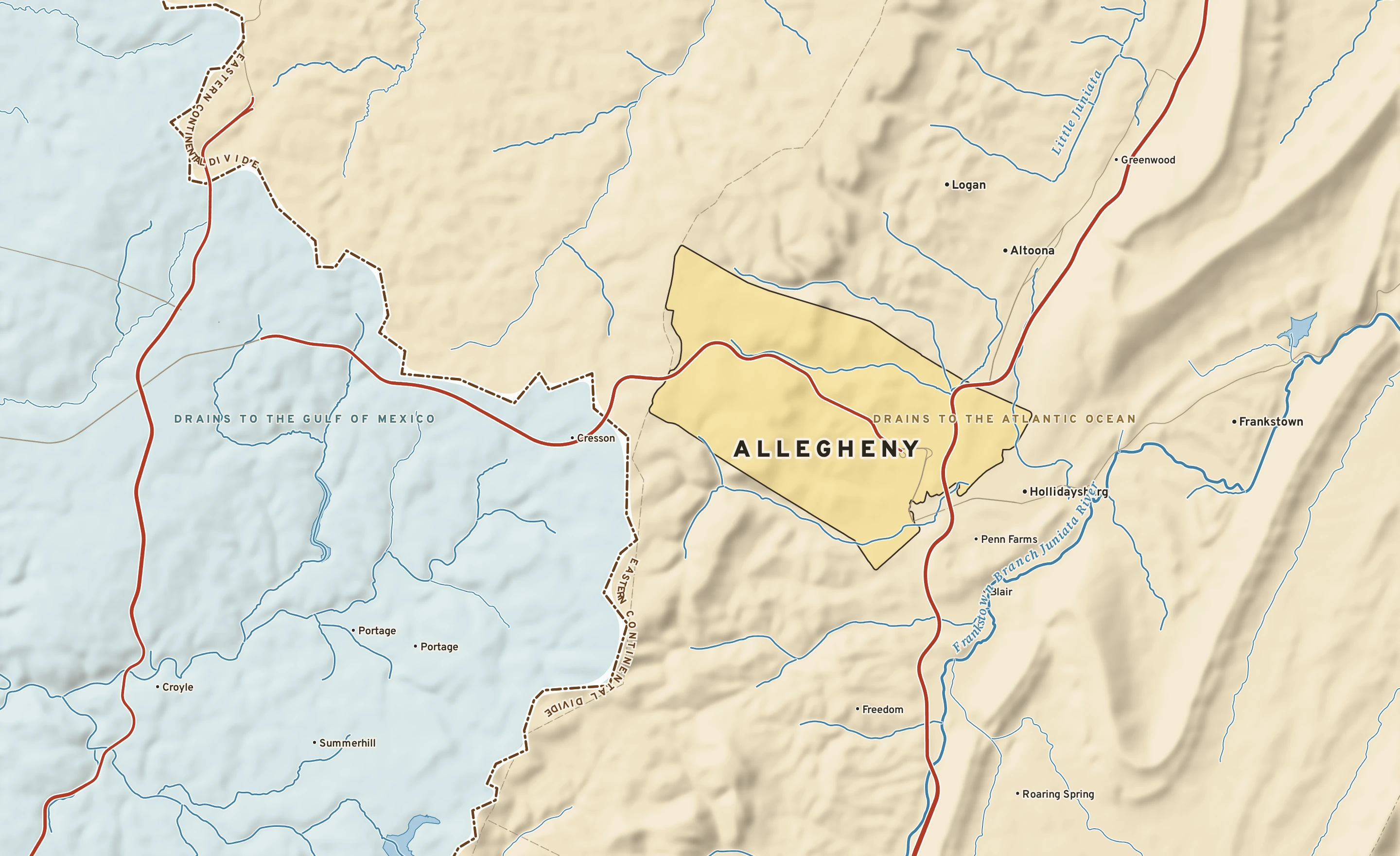 Shaded-relief atlas plate of Allegheny, Pennsylvania: rivers, roads, the city limits and where the water drains.