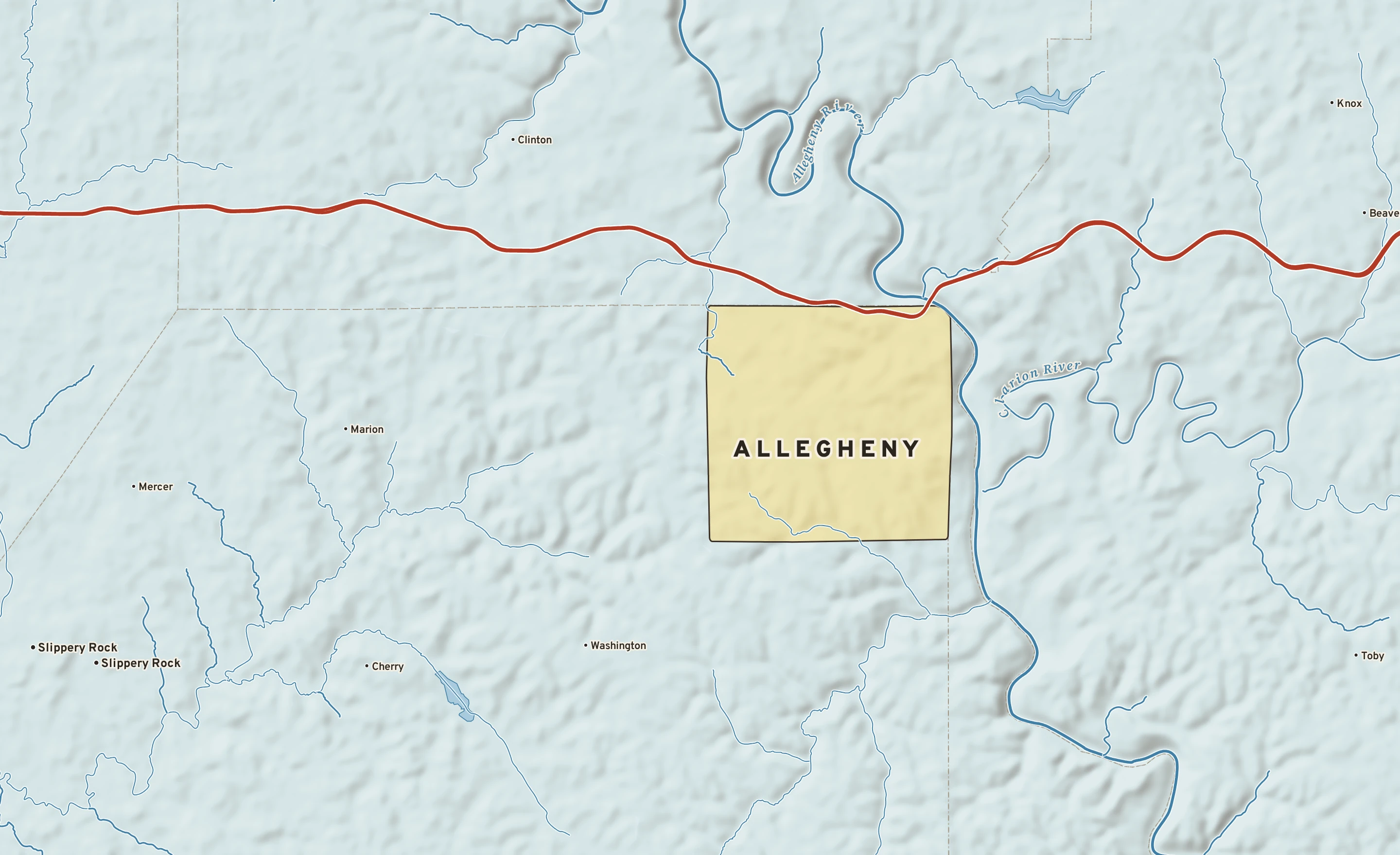 Shaded-relief atlas plate of Allegheny, Pennsylvania: rivers, roads, the city limits and where the water drains.
