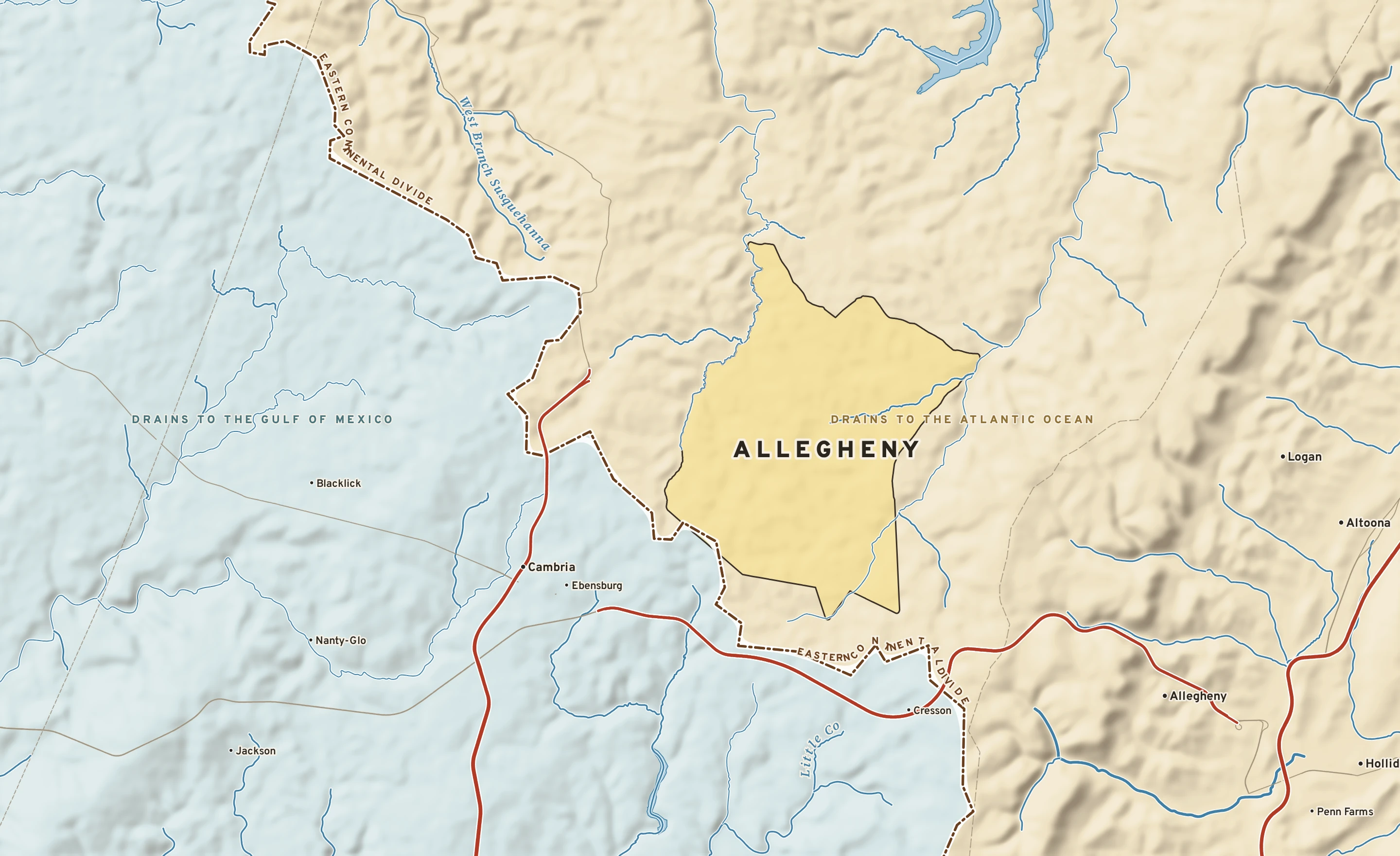 Shaded-relief atlas plate of Allegheny, Pennsylvania: rivers, roads, the city limits and where the water drains.