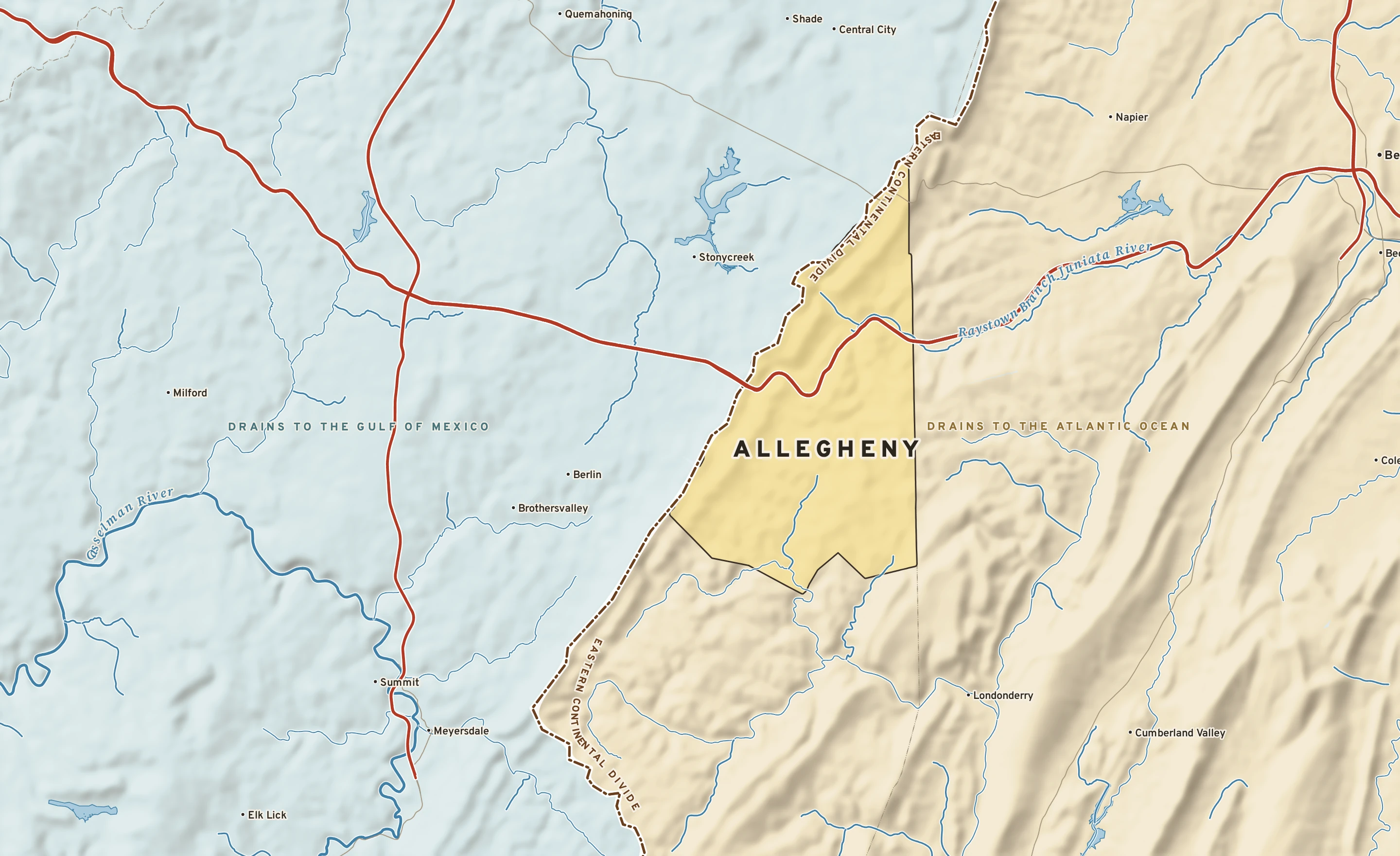 Shaded-relief atlas plate of Allegheny, Pennsylvania: rivers, roads, the city limits and where the water drains.