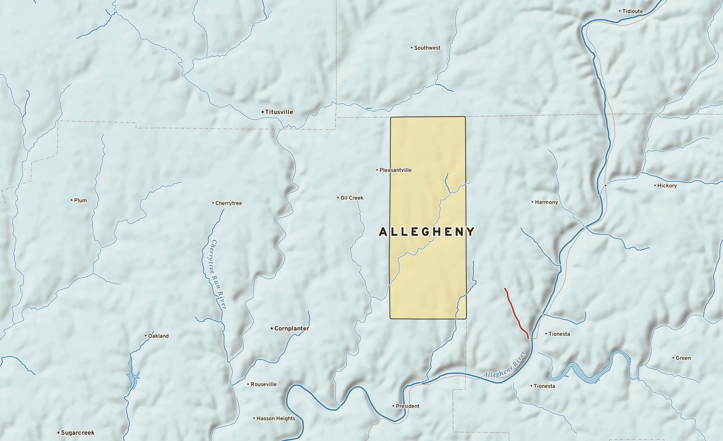 Shaded-relief atlas plate of Allegheny, Pennsylvania: rivers, roads, the city limits and where the water drains.