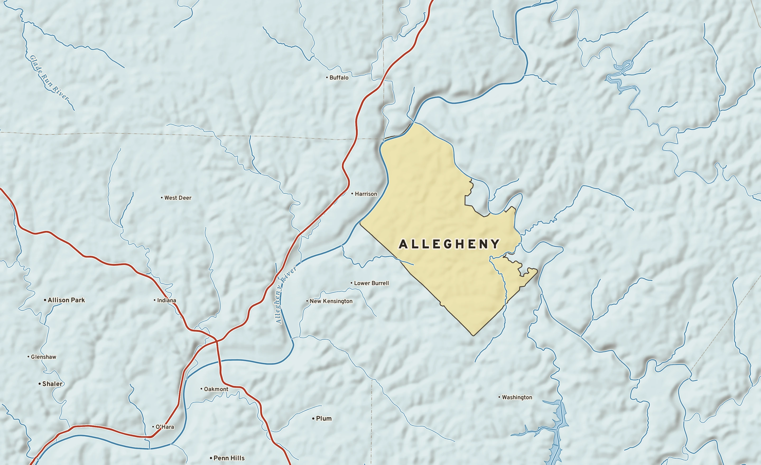 Shaded-relief atlas plate of Allegheny, Pennsylvania: rivers, roads, the city limits and where the water drains.