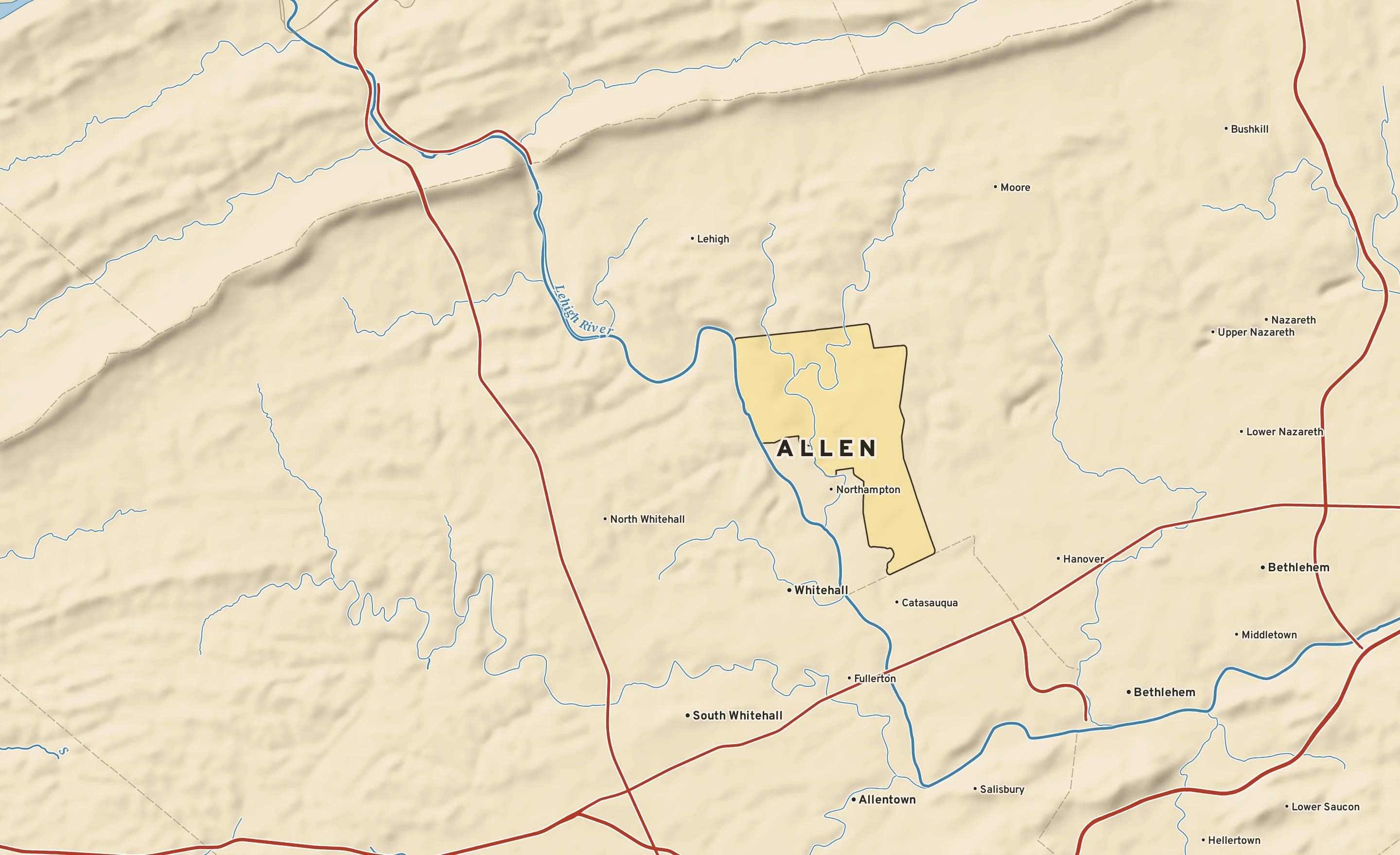 Shaded-relief atlas plate of Allen, Pennsylvania: rivers, roads, the city limits and where the water drains.