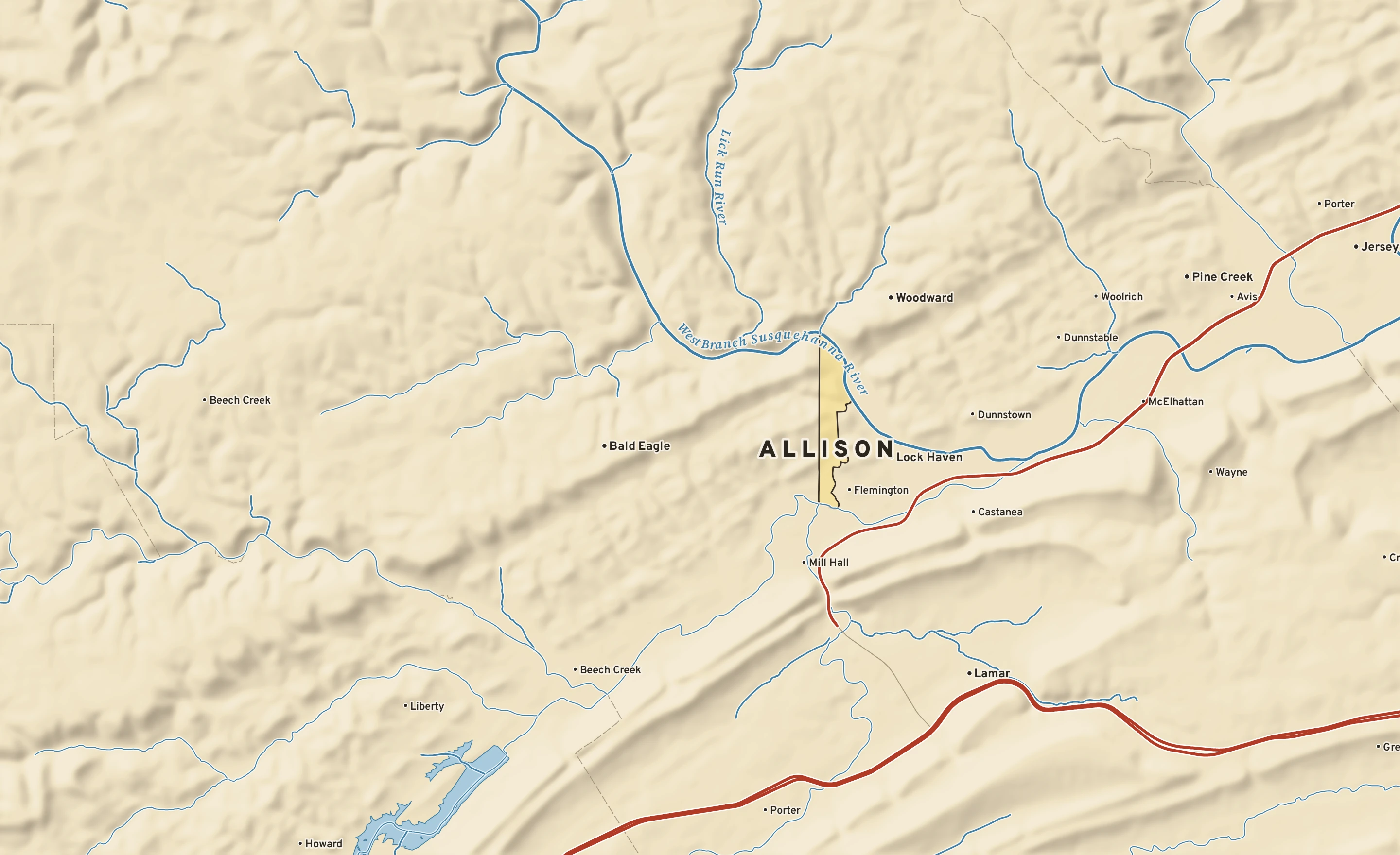 Shaded-relief atlas plate of Allison, Pennsylvania: rivers, roads, the city limits and where the water drains.