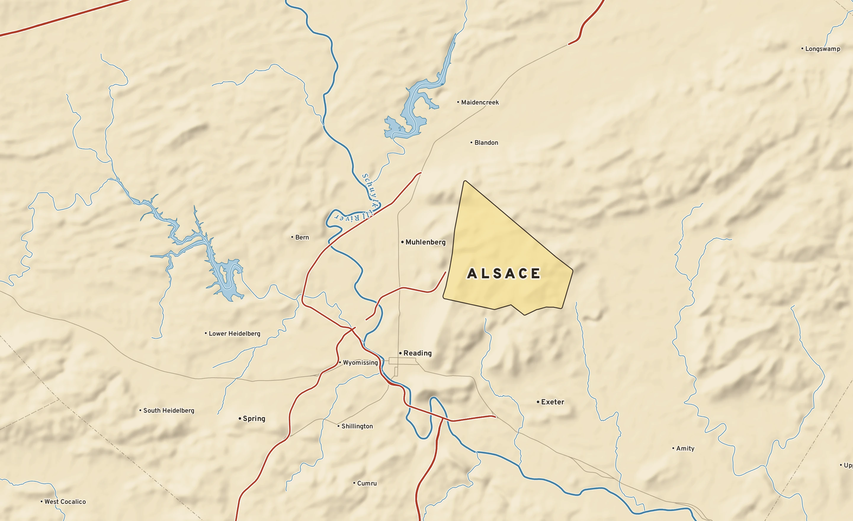 Shaded-relief atlas plate of Alsace, Pennsylvania: rivers, roads, the city limits and where the water drains.
