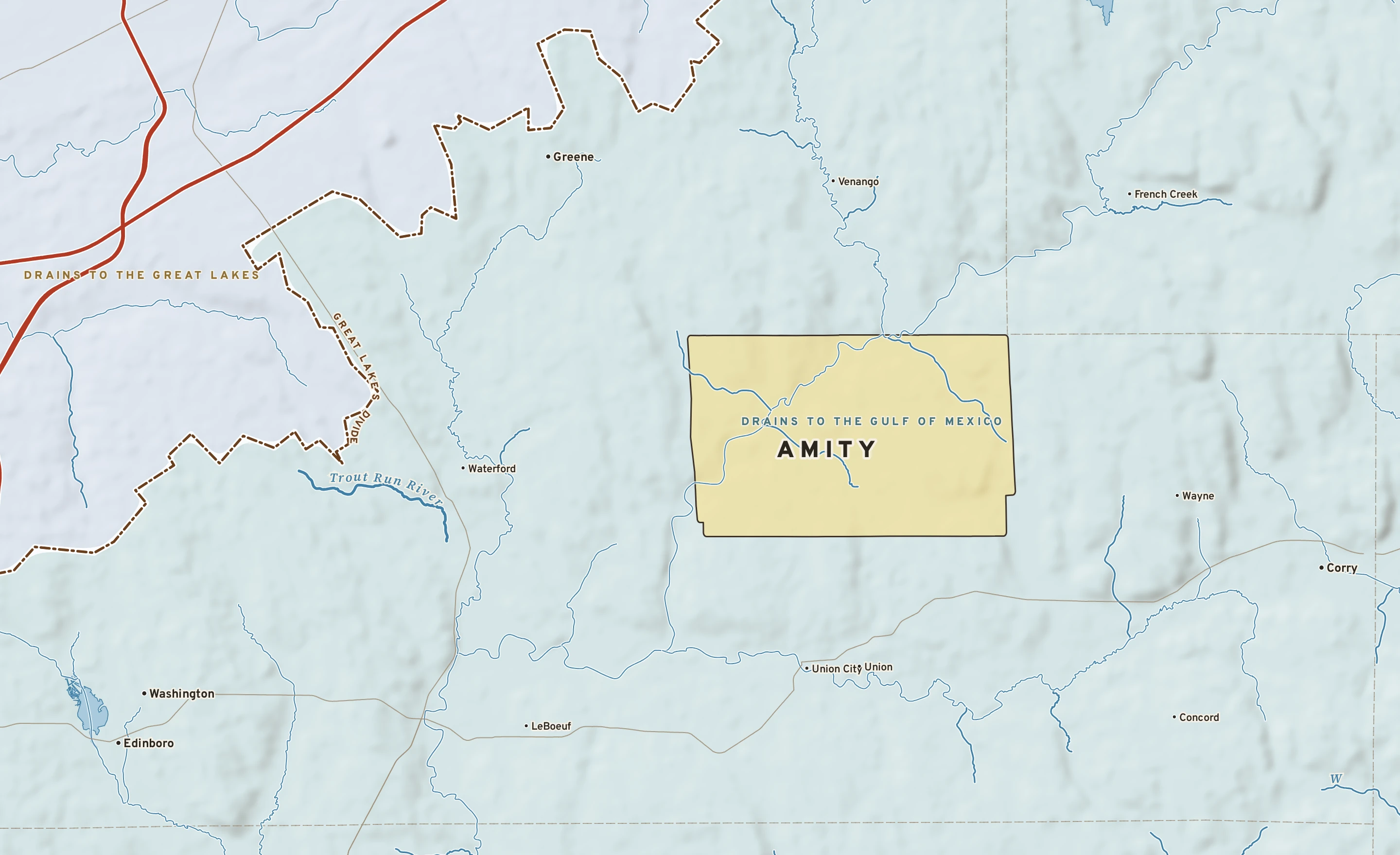 Shaded-relief atlas plate of Amity, Pennsylvania: rivers, roads, the city limits and where the water drains.