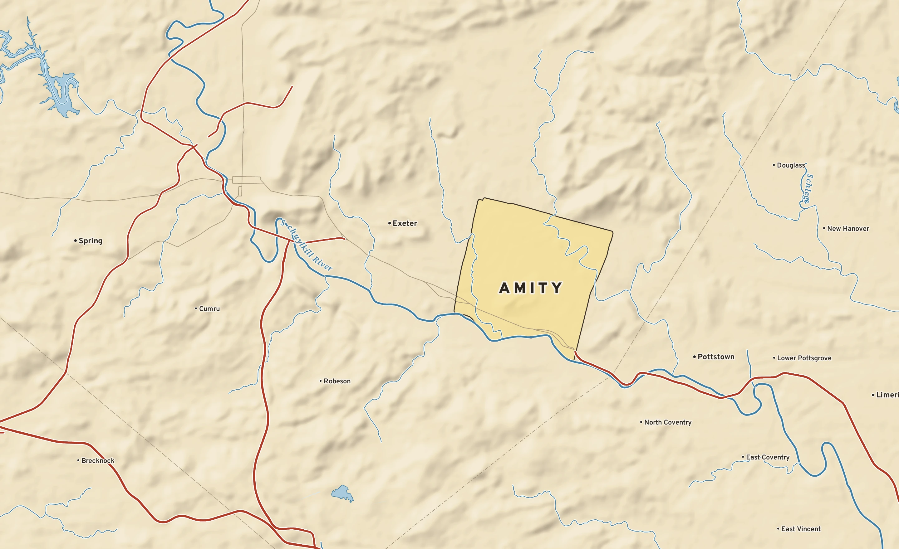 Shaded-relief atlas plate of Amity, Pennsylvania: rivers, roads, the city limits and where the water drains.
