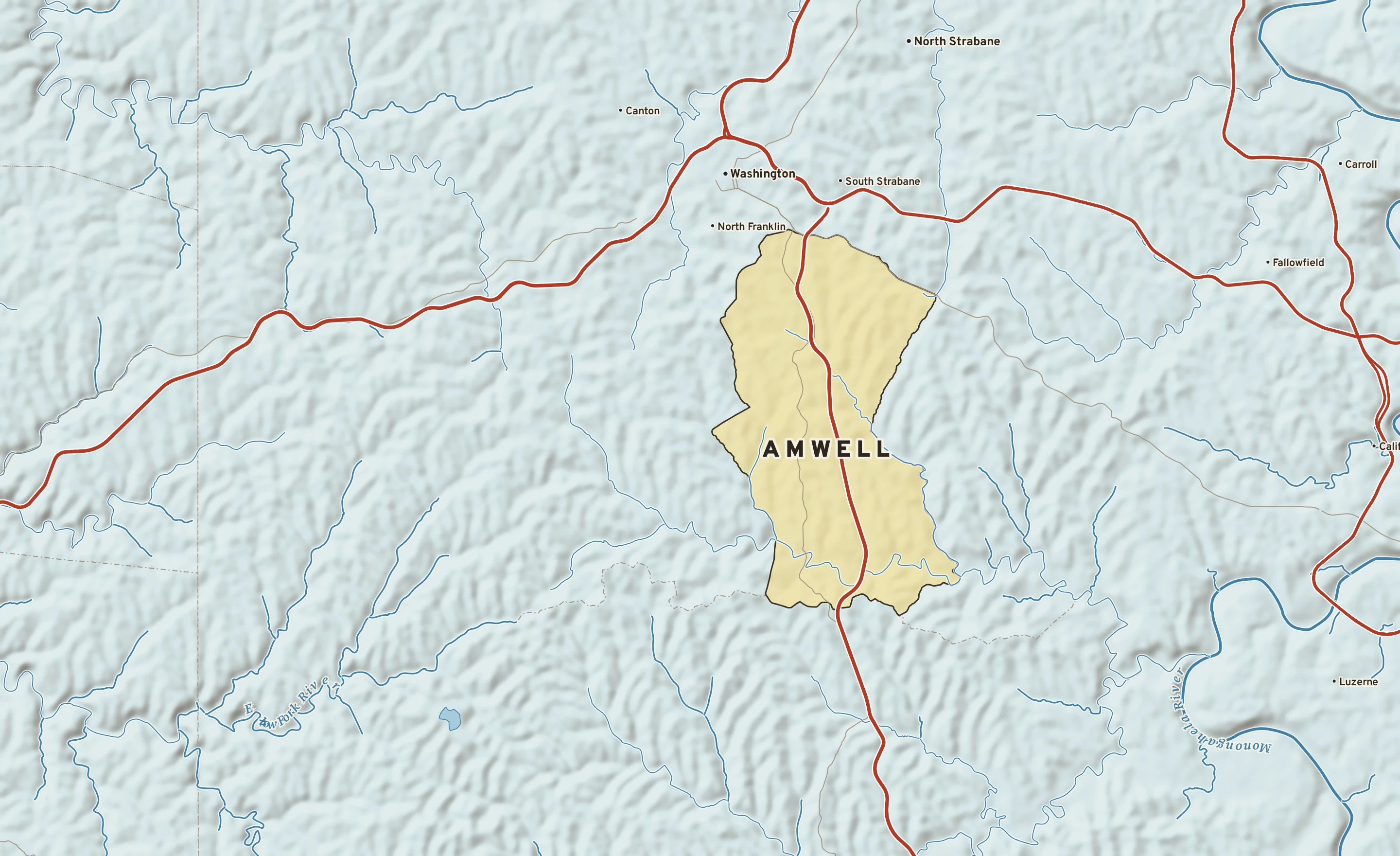 Shaded-relief atlas plate of Amwell, Pennsylvania: rivers, roads, the city limits and where the water drains.