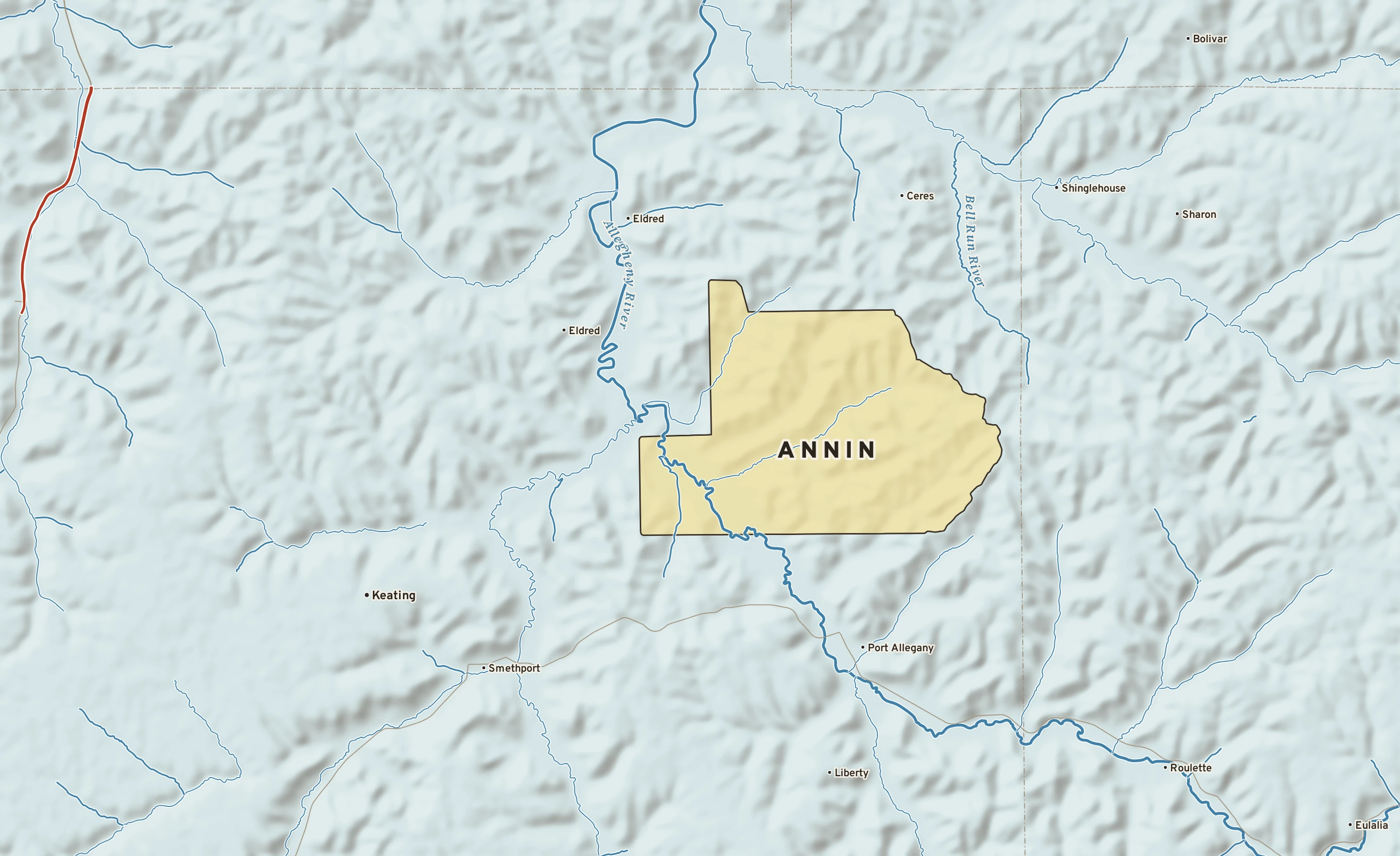 Shaded-relief atlas plate of Annin, Pennsylvania: rivers, roads, the city limits and where the water drains.