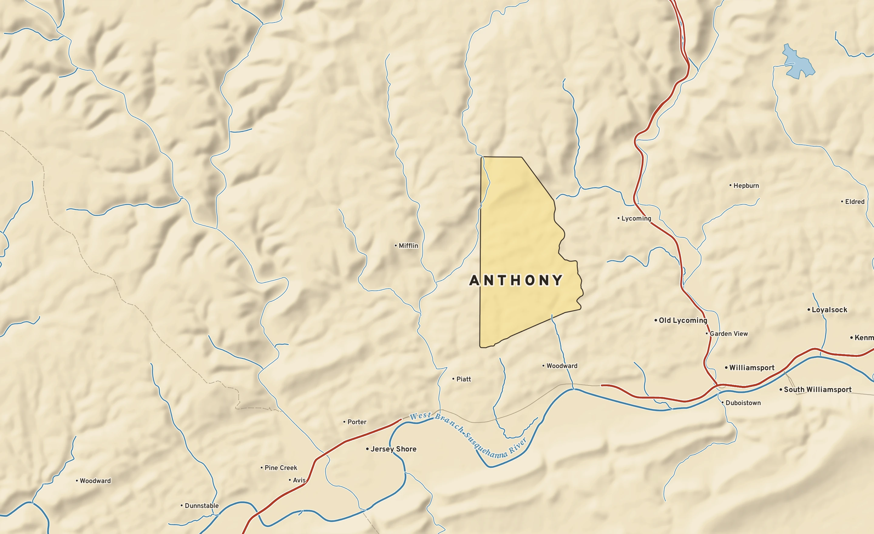Shaded-relief atlas plate of Anthony, Pennsylvania: rivers, roads, the city limits and where the water drains.