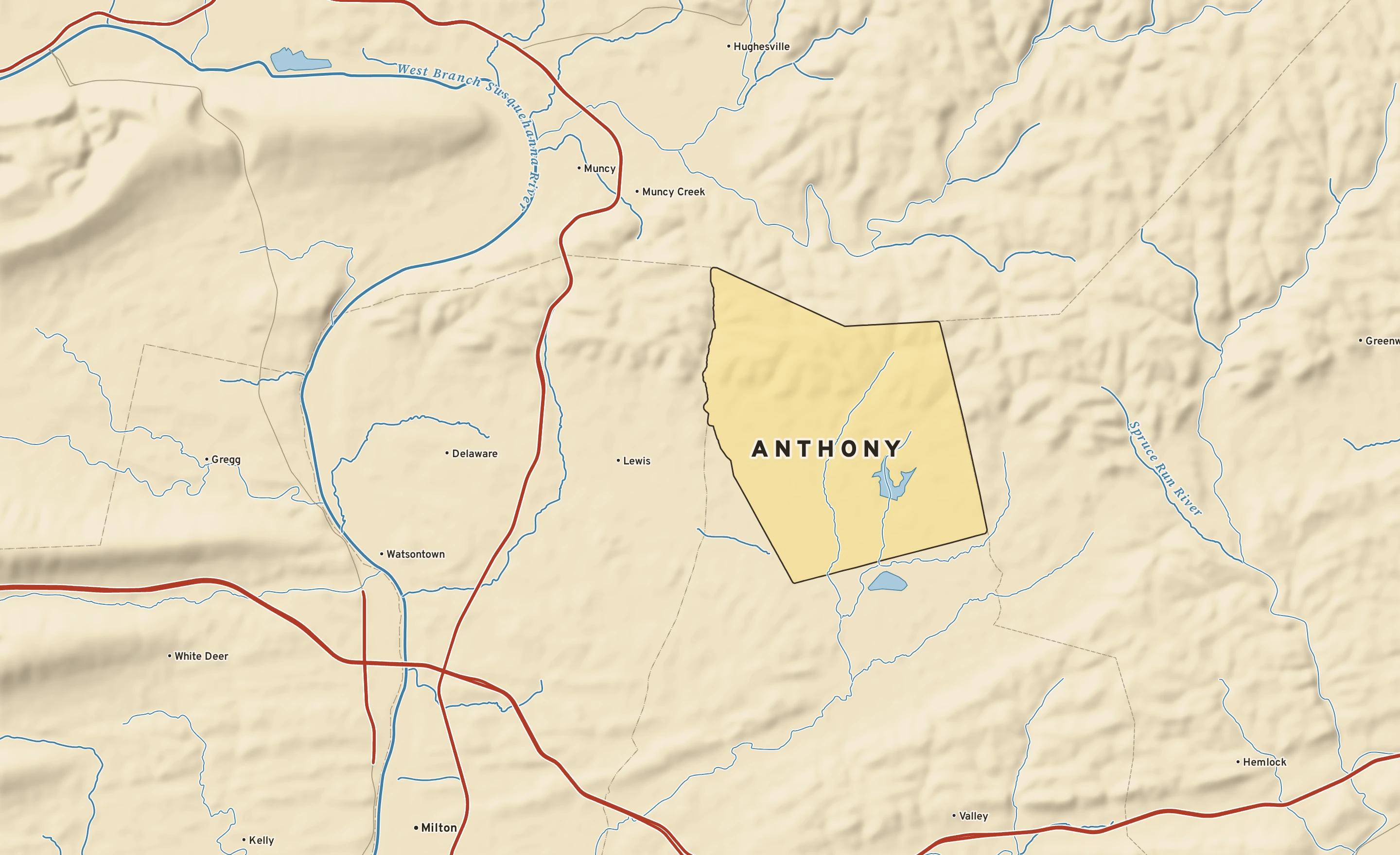 Shaded-relief atlas plate of Anthony, Pennsylvania: rivers, roads, the city limits and where the water drains.
