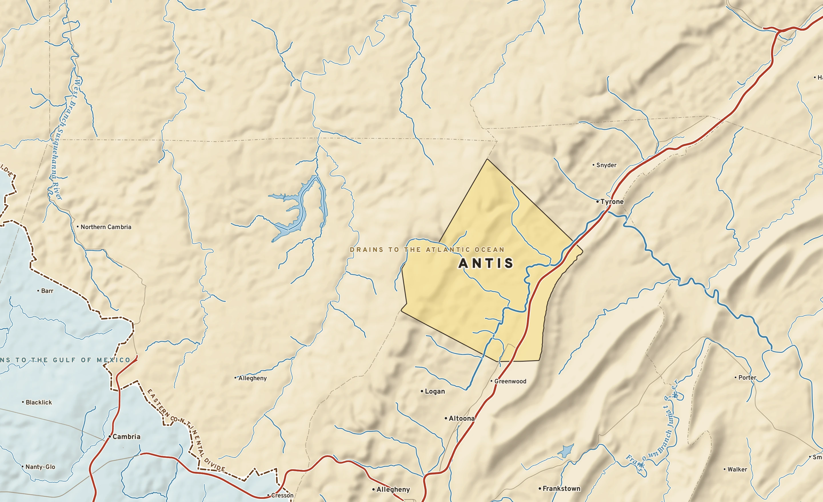 Shaded-relief atlas plate of Antis, Pennsylvania: rivers, roads, the city limits and where the water drains.