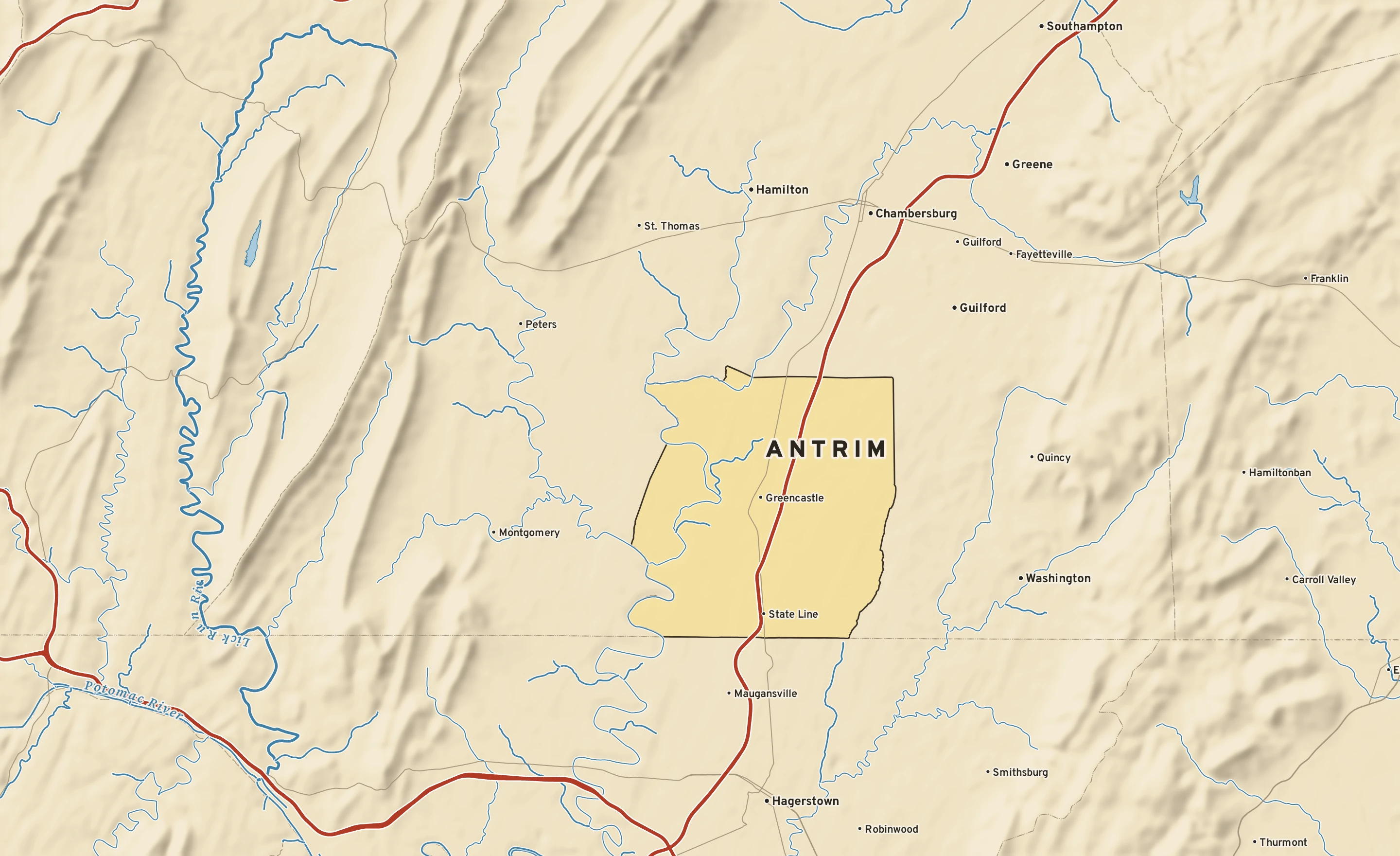 Shaded-relief atlas plate of Antrim, Pennsylvania: rivers, roads, the city limits and where the water drains.