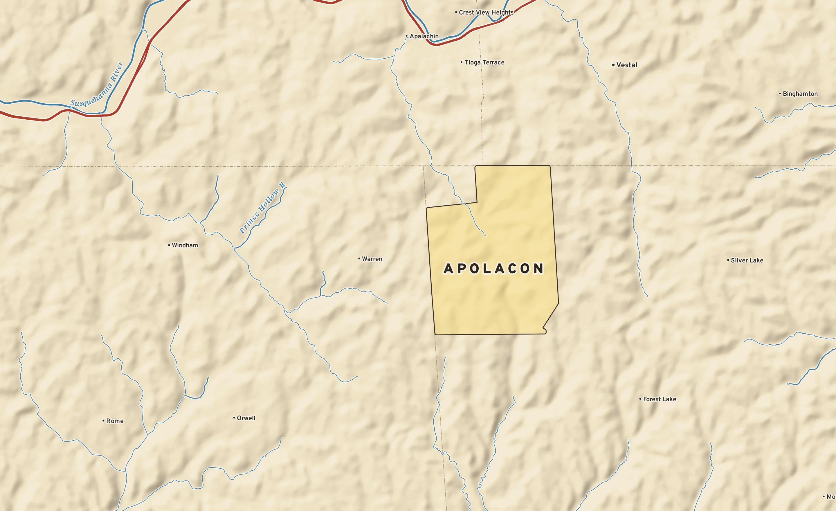 Shaded-relief atlas plate of Apolacon, Pennsylvania: rivers, roads, the city limits and where the water drains.